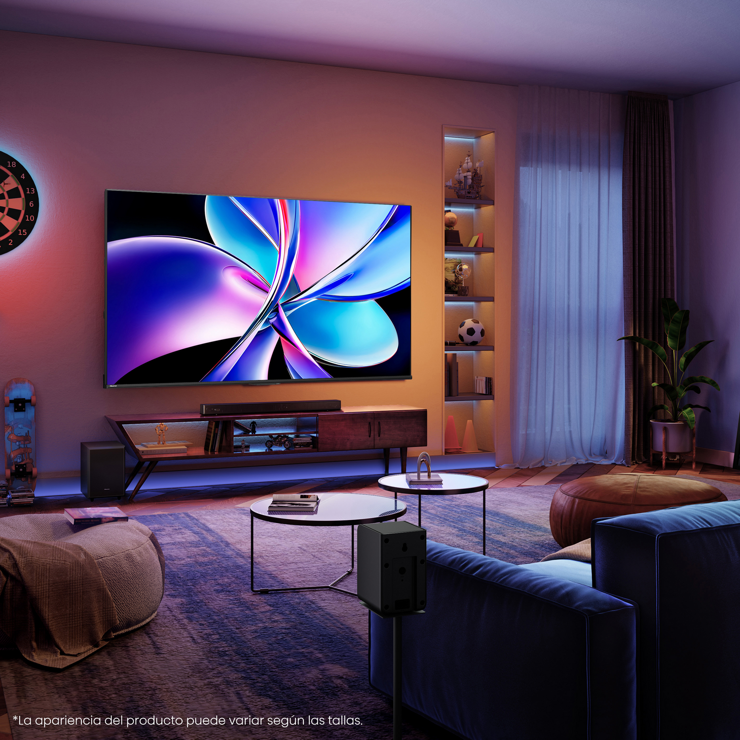 Una sala de estar moderna con un televisor grande que muestra una imagen abstracta colorida, con otros objetos.