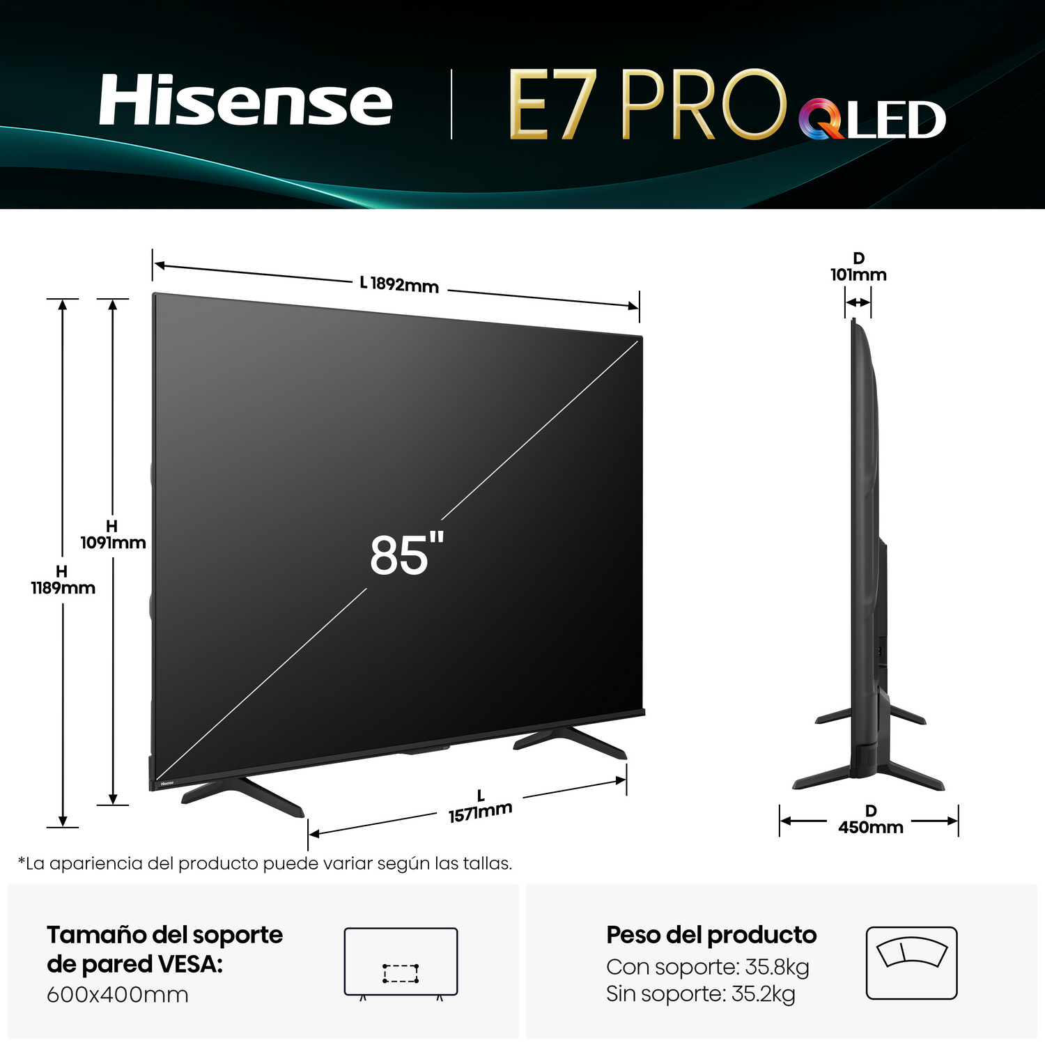 Un diagrama que muestra las dimensiones de un televisor, incluidas las medidas de altura, ancho y profundidad.