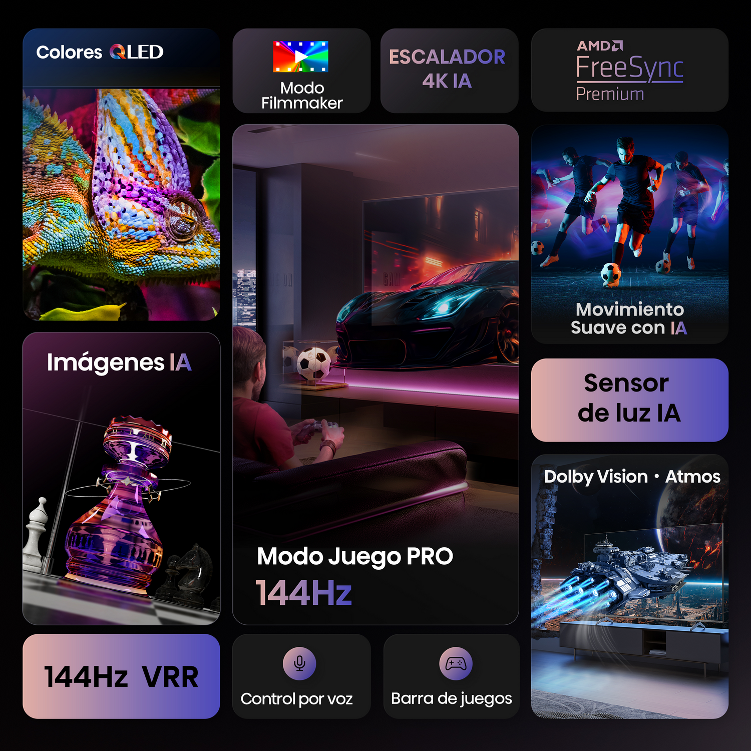 Un collage de funciones para un televisor: colores QLED, Modo Cineasta, 4K AI, AMD FreeSync y otros.