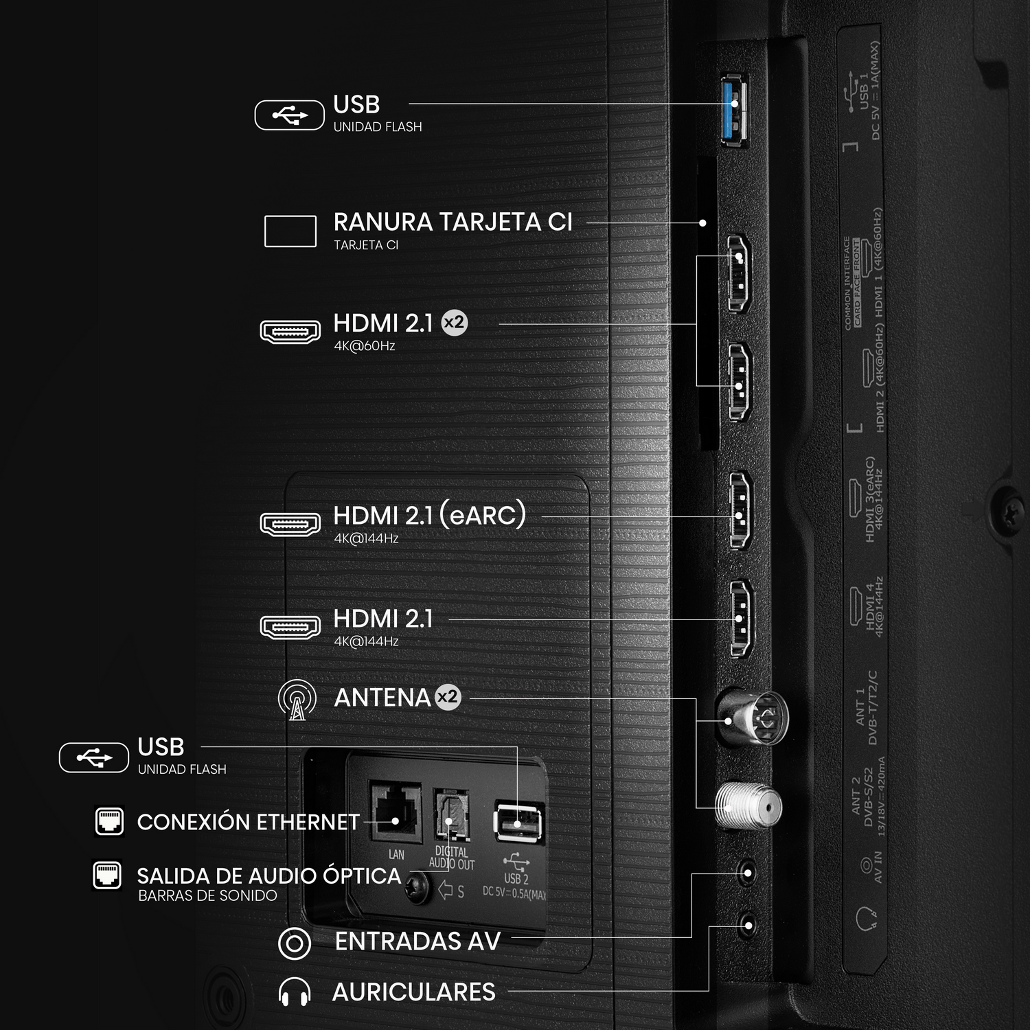 Vista trasera de un televisor con puertos etiquetados: USB, HDMI, Ethernet y otros, que detallan las conexiones.