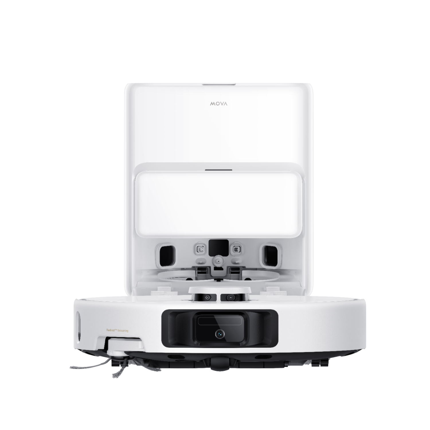 Witte robotstofzuiger met basisstation, open. MOVA merk zichtbaar. Zwarte camera aan de voorkant.