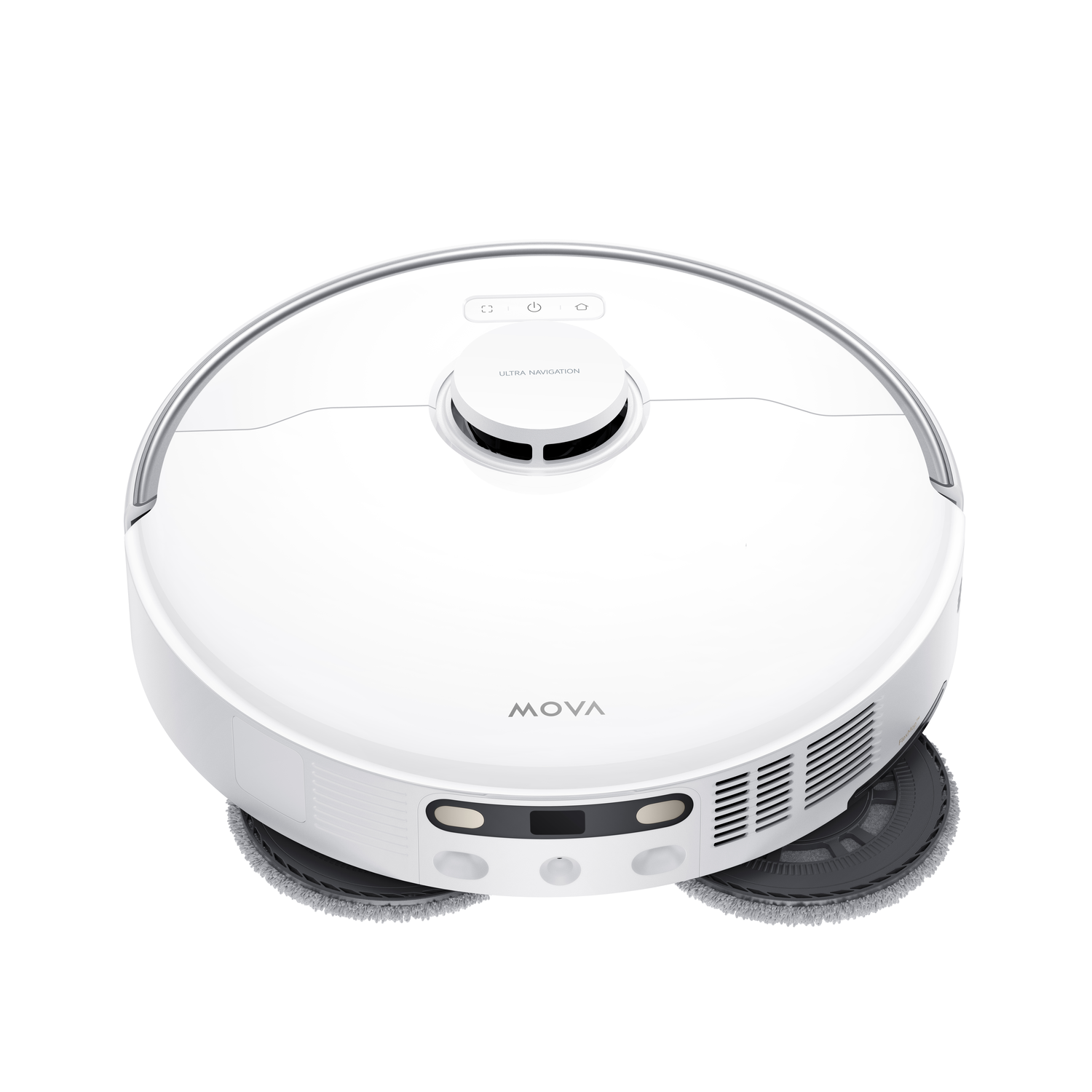 Witte robotstofzuiger van bovenaf. MOVA merk. Ultra Navigation tekst. De robot heeft borstels en dweilen.