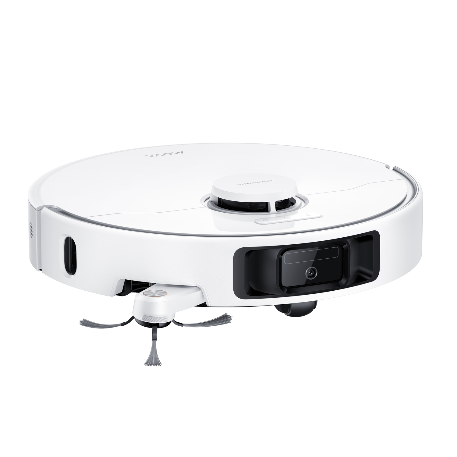 Witte robotstofzuiger vanuit een zijaanzicht. MOVA merk. De voorkant heeft een zwarte camera, de zijkant een borstel.