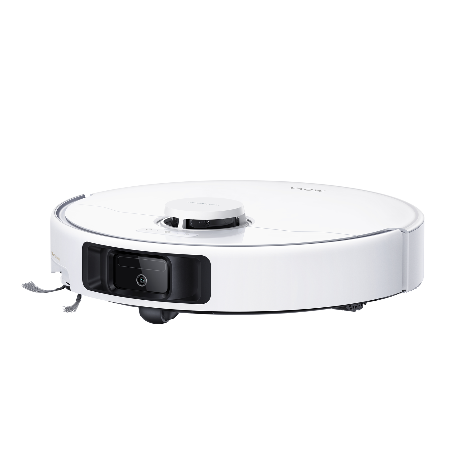 Witte robotstofzuiger vanuit een hoek. MOVA merk. Camera en borstel zijn zichtbaar. De robot is schoon.