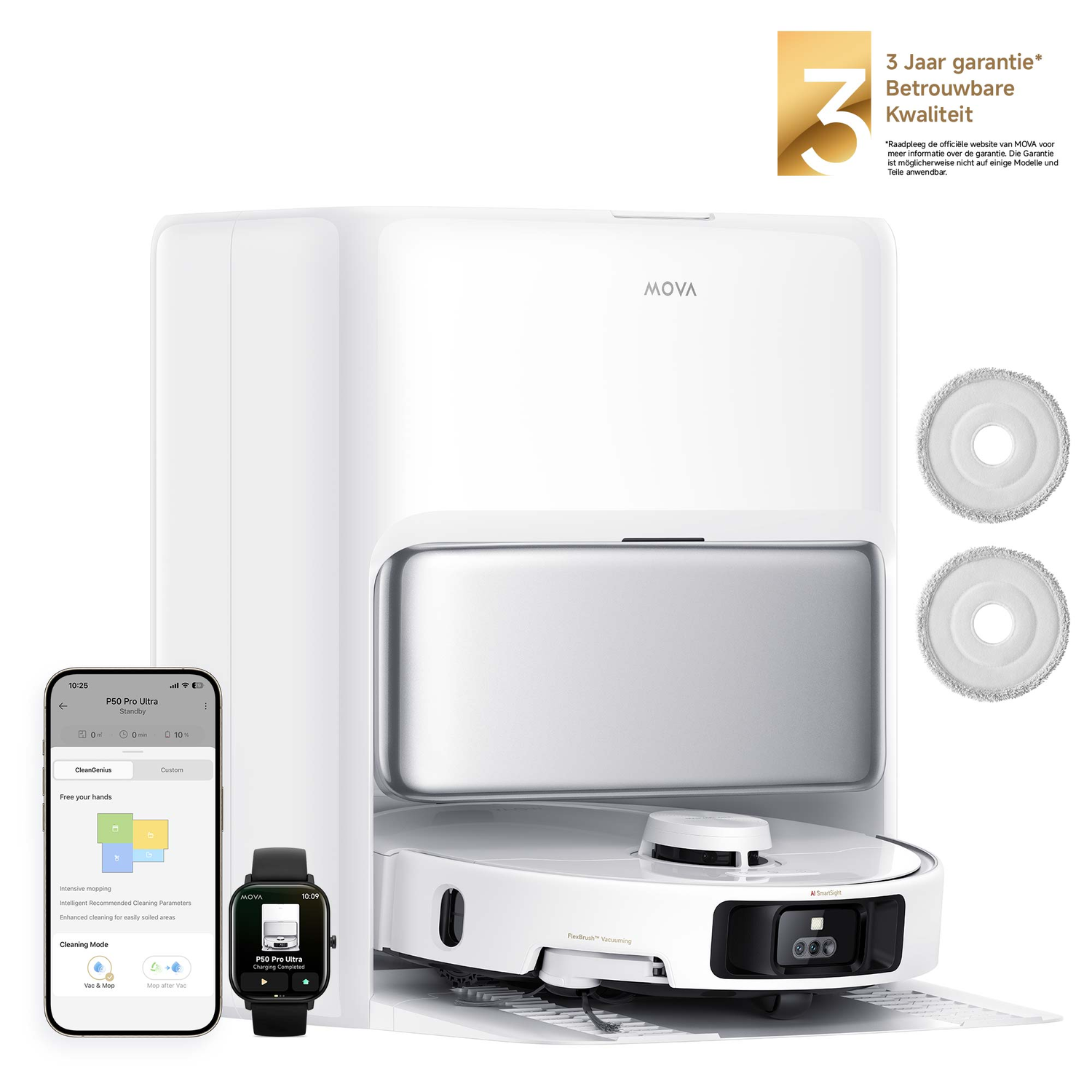 Robot vacuum cleaner with base, phone, watch, and text. 3-year warranty. MOVA brand. White background.