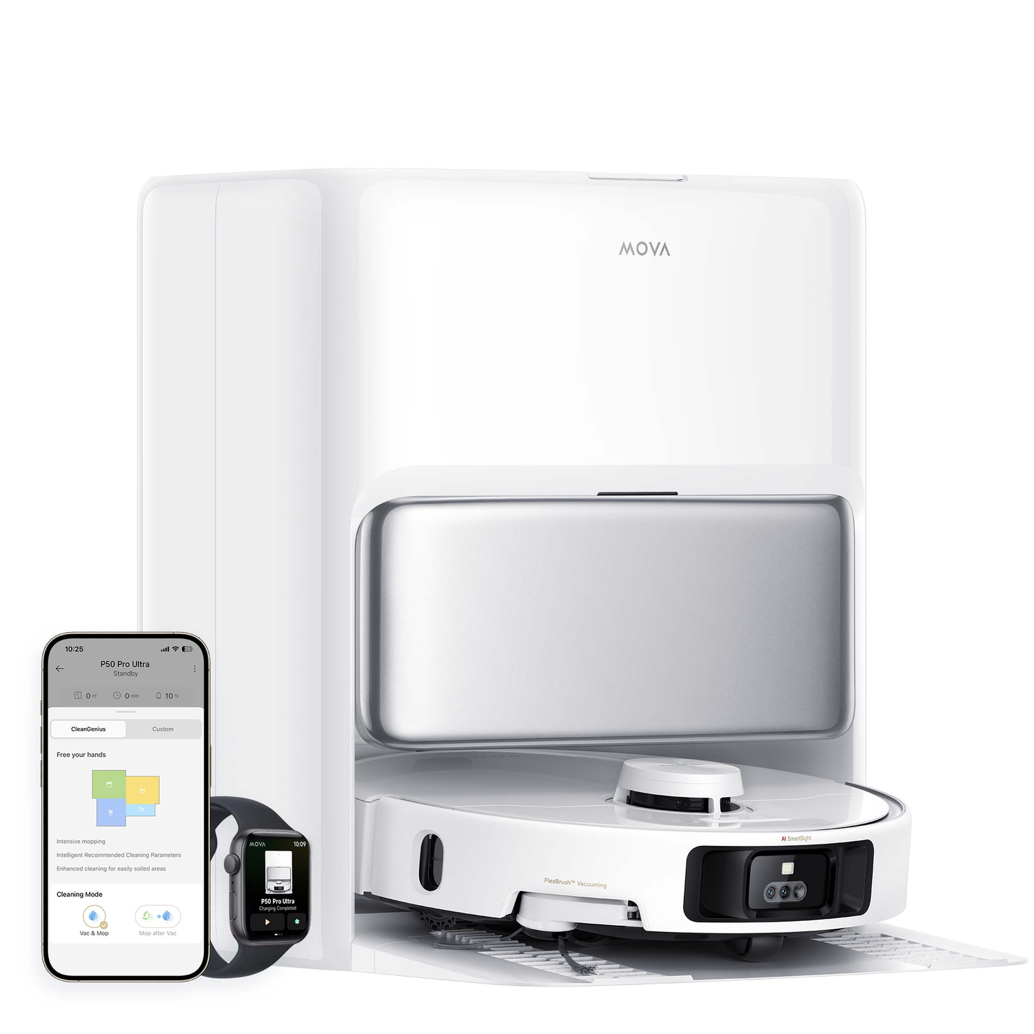 A white robot vacuum cleaner, phone, and smartwatch.