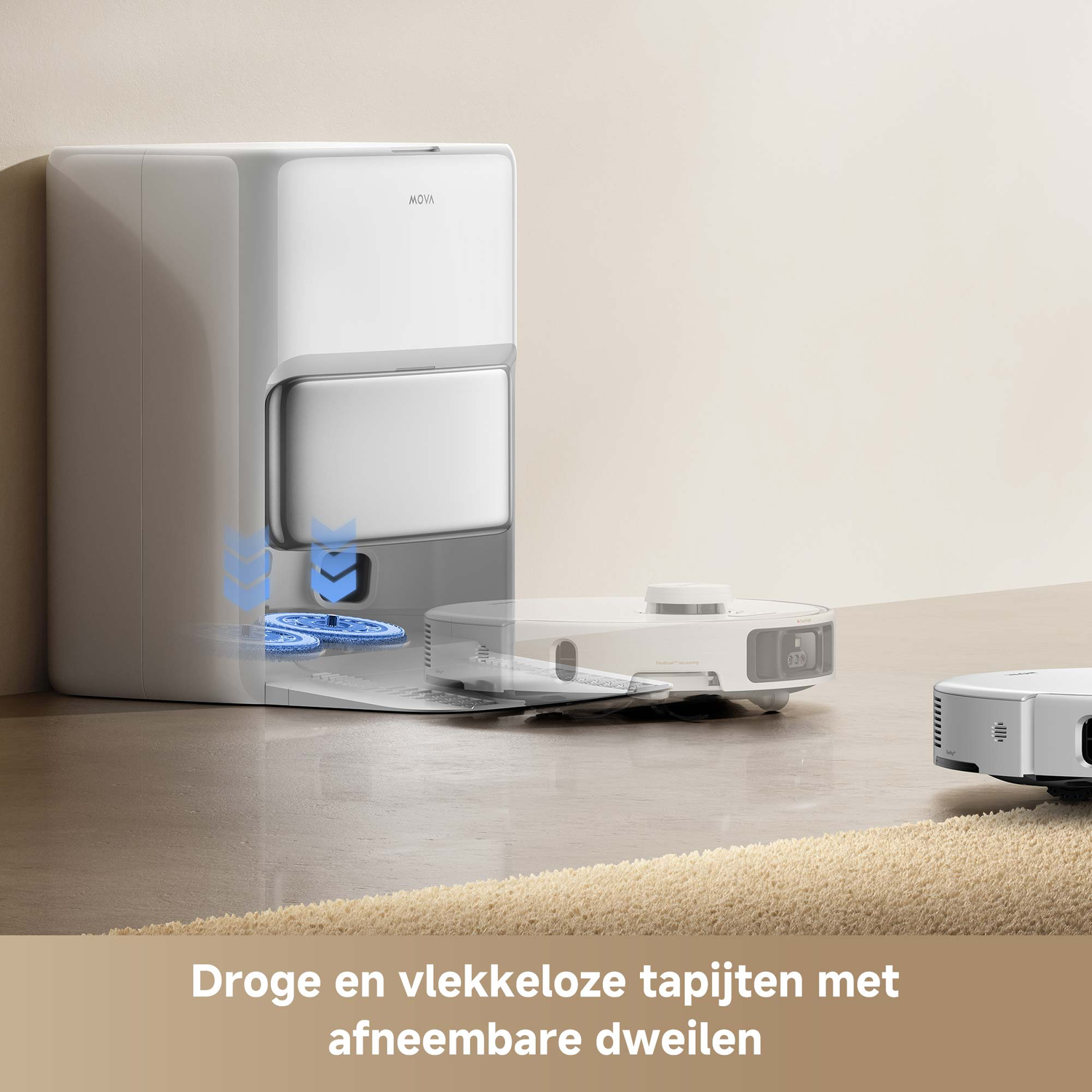 Robot vacuum cleaner with a cleaning station on a floor.