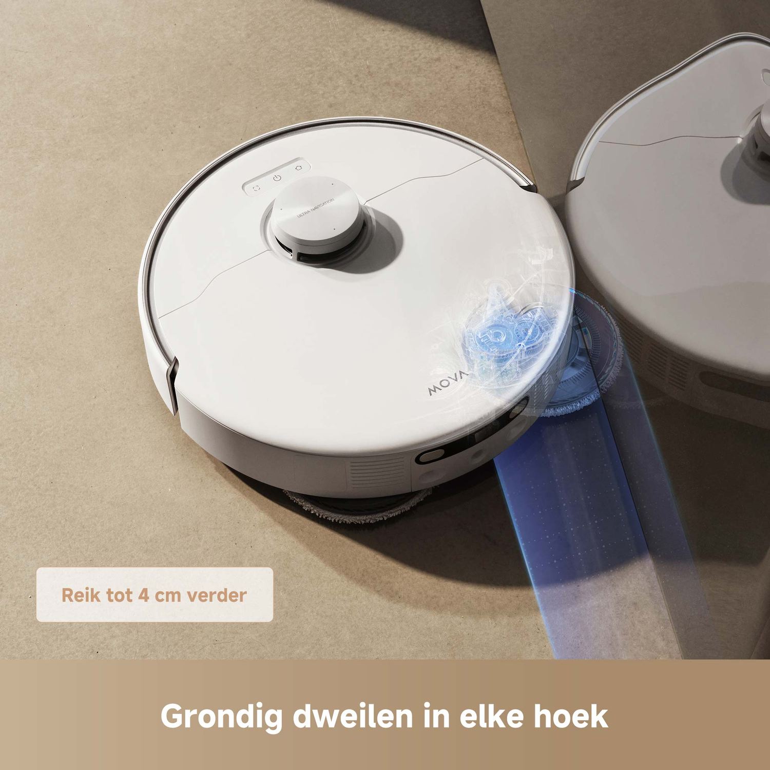Robot vacuum cleaner cleaning a floor with a blue trail.