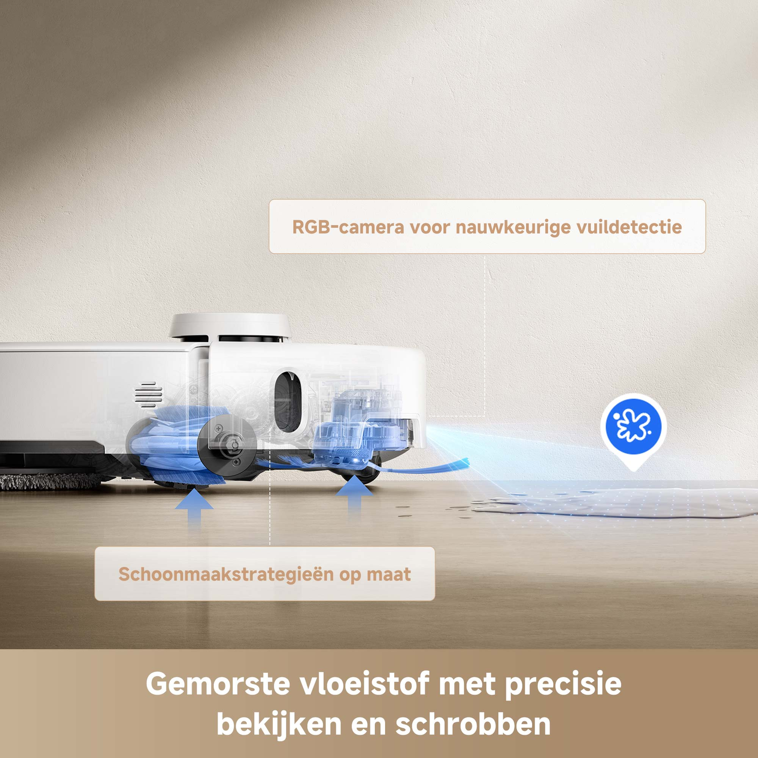 Robot vacuum cleaner with an RGB camera for detection.