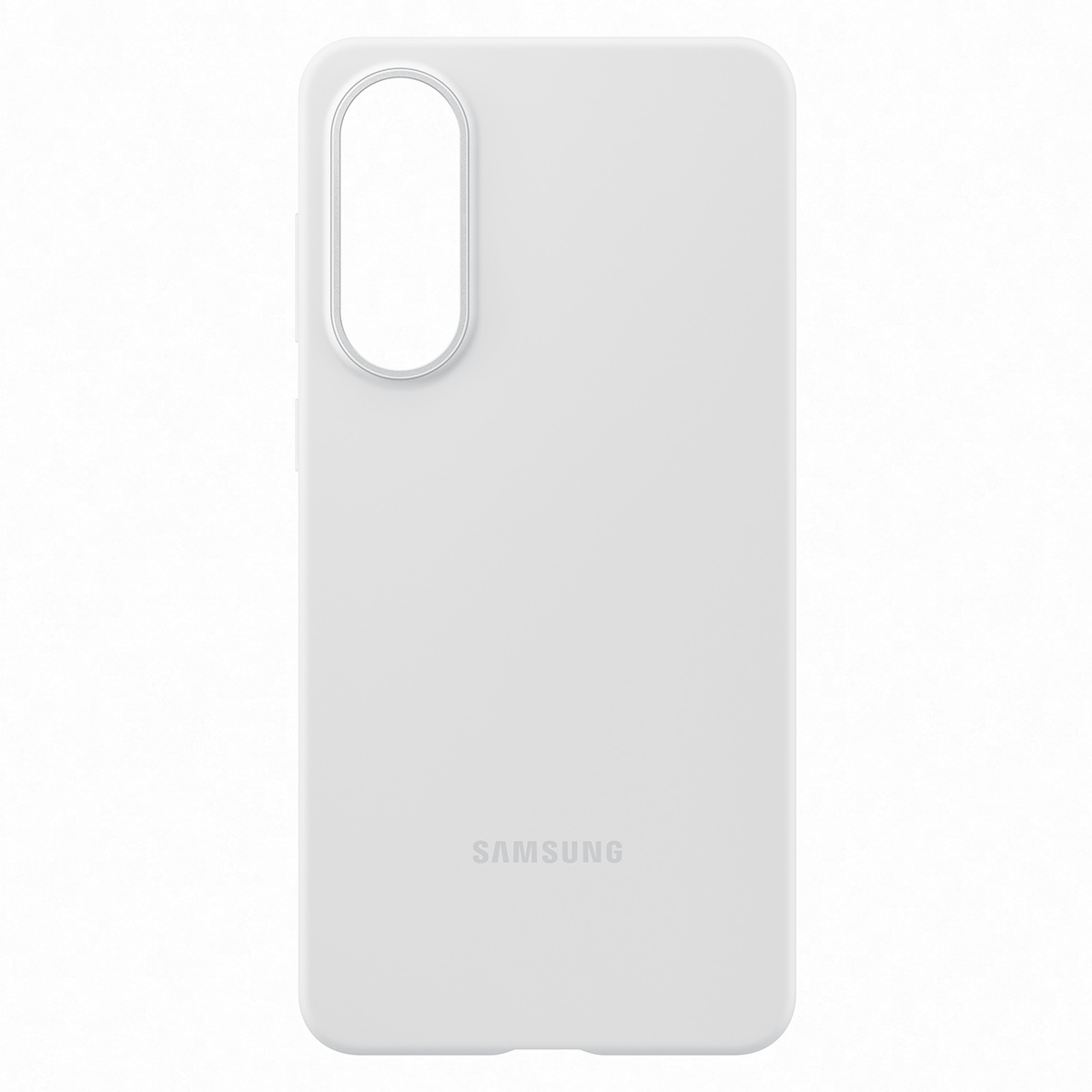 Beyaz bir arka plan üzerinde, kamera için bir kesik bulunan beyaz bir telefon kılıfı. Samsung logosu görünür.