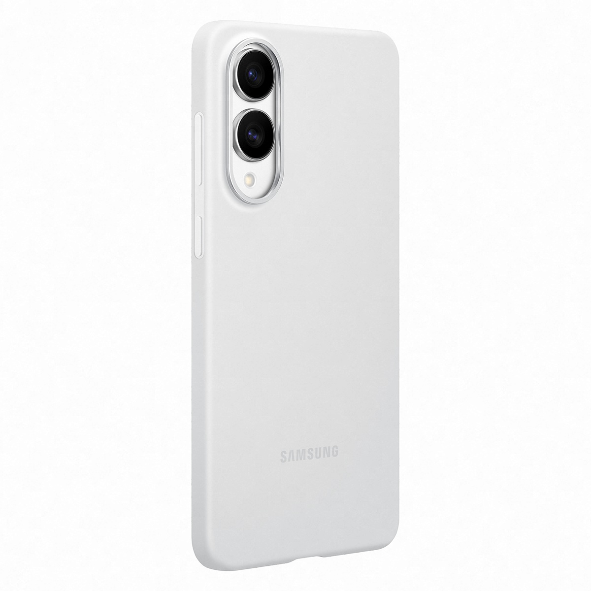 Kamera kesiklerine ve Samsung logosuna sahip beyaz bir telefon kılıfı. Kılıf beyaz bir yüzey üzerinde.