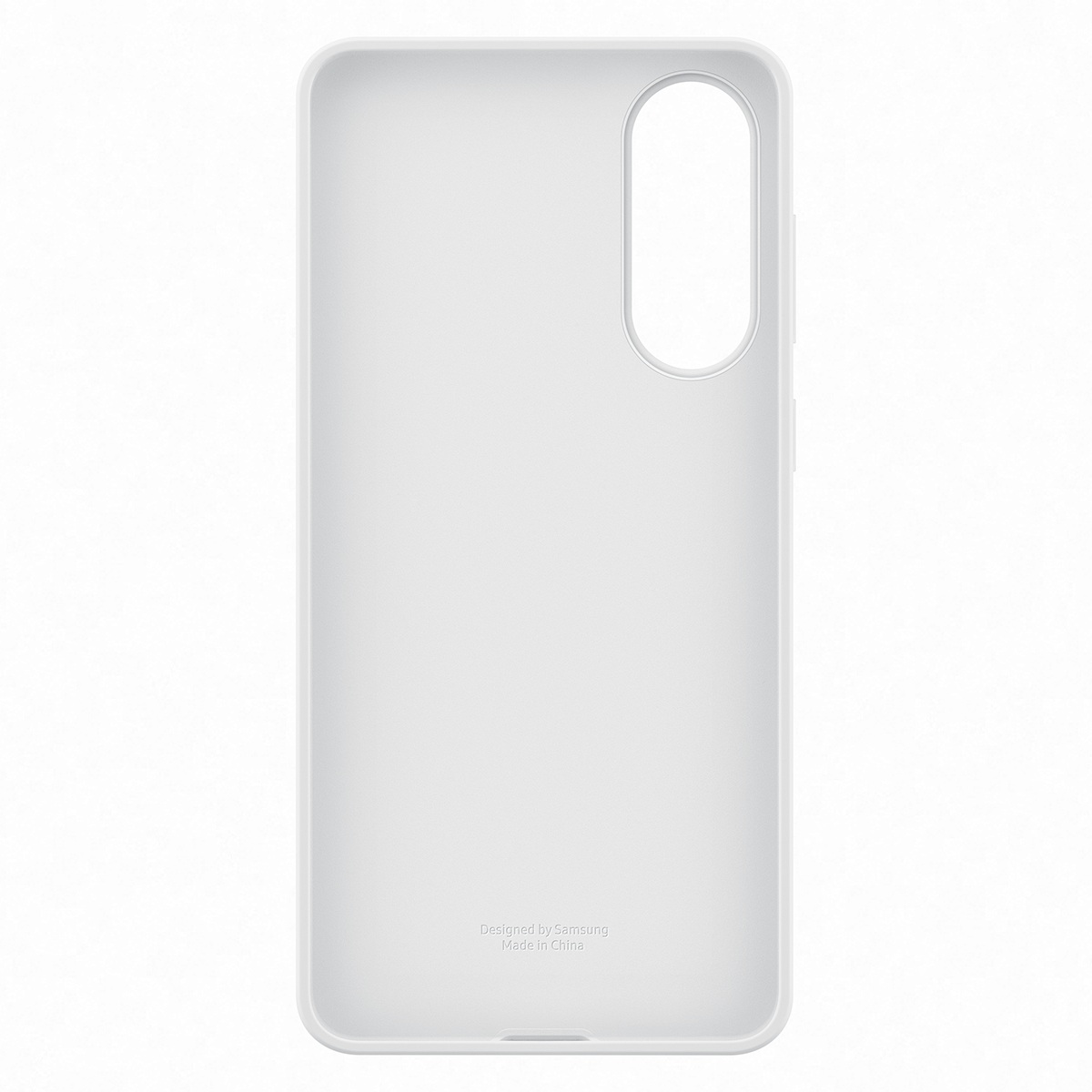 Samsung logosu ve Designed by Samsung ve Made in China yazan beyaz bir telefon kılıfı.