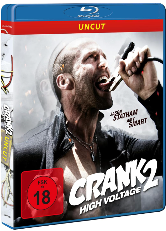 Blu-ray-Box-Art für 'Crank 2: High Voltage', mit Jason Statham in einer dynamischen Actionpose.