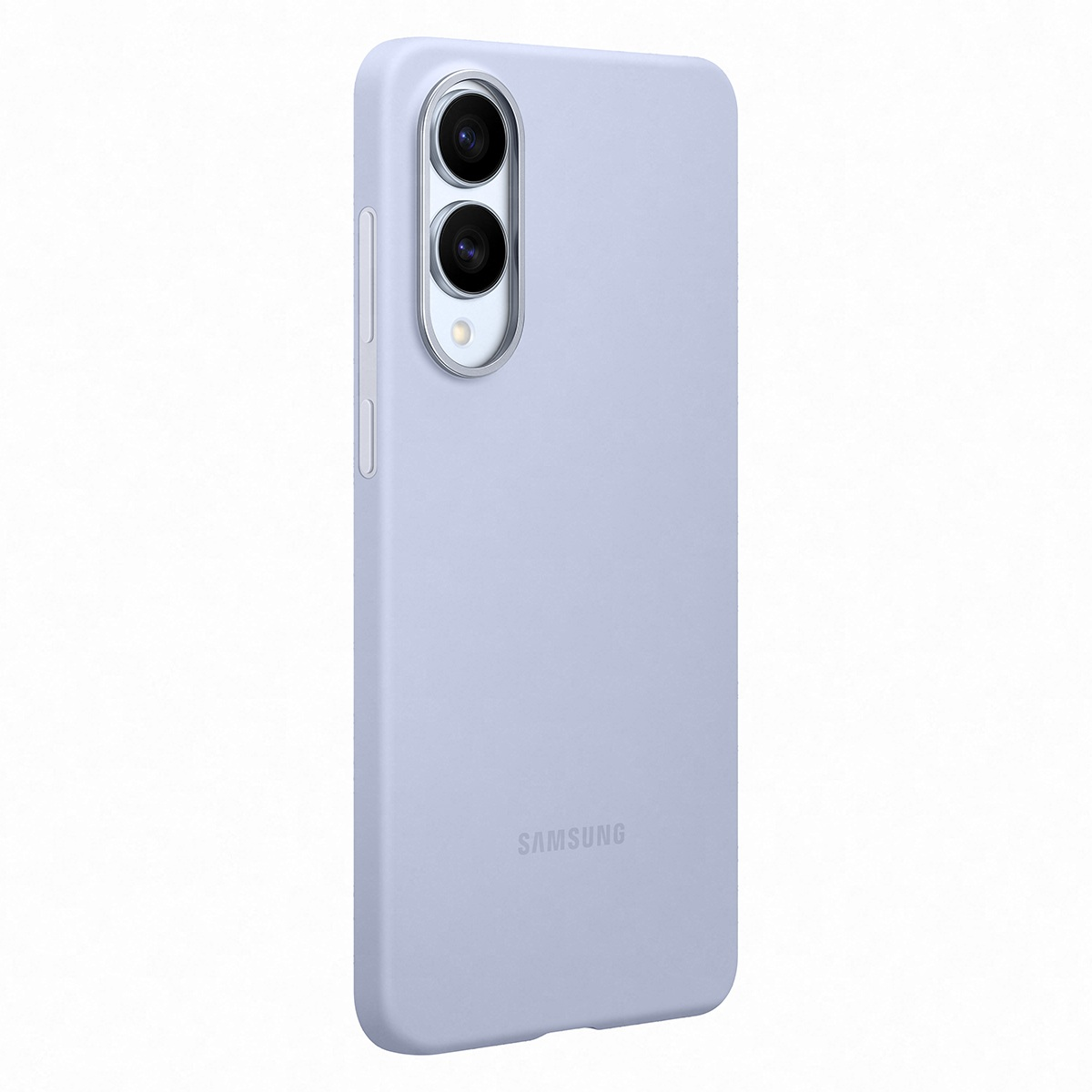 Kamera kesimi ve Samsung logosu olan açık mor bir telefon kılıfı.