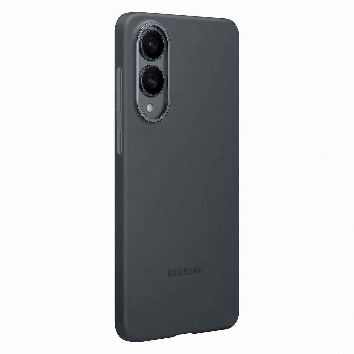 Karanlık gri telefon kılıfı, kamerasıyla birlikte arkasını gösteriyor. Beyaz arka plan.