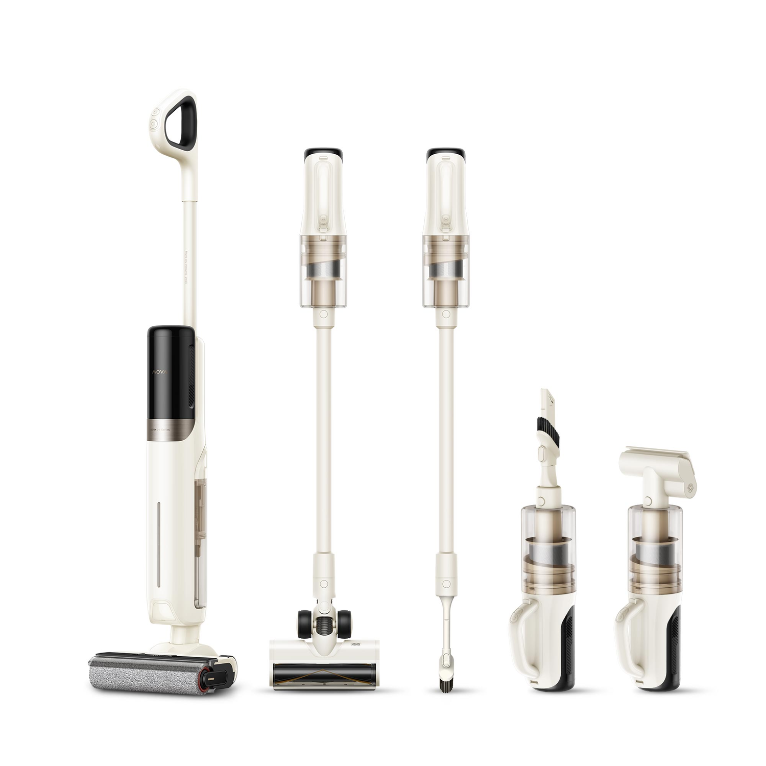 Multiple configurations of a cleaning device, demonstrating its versatility. Various attachments shown, all white and black.
