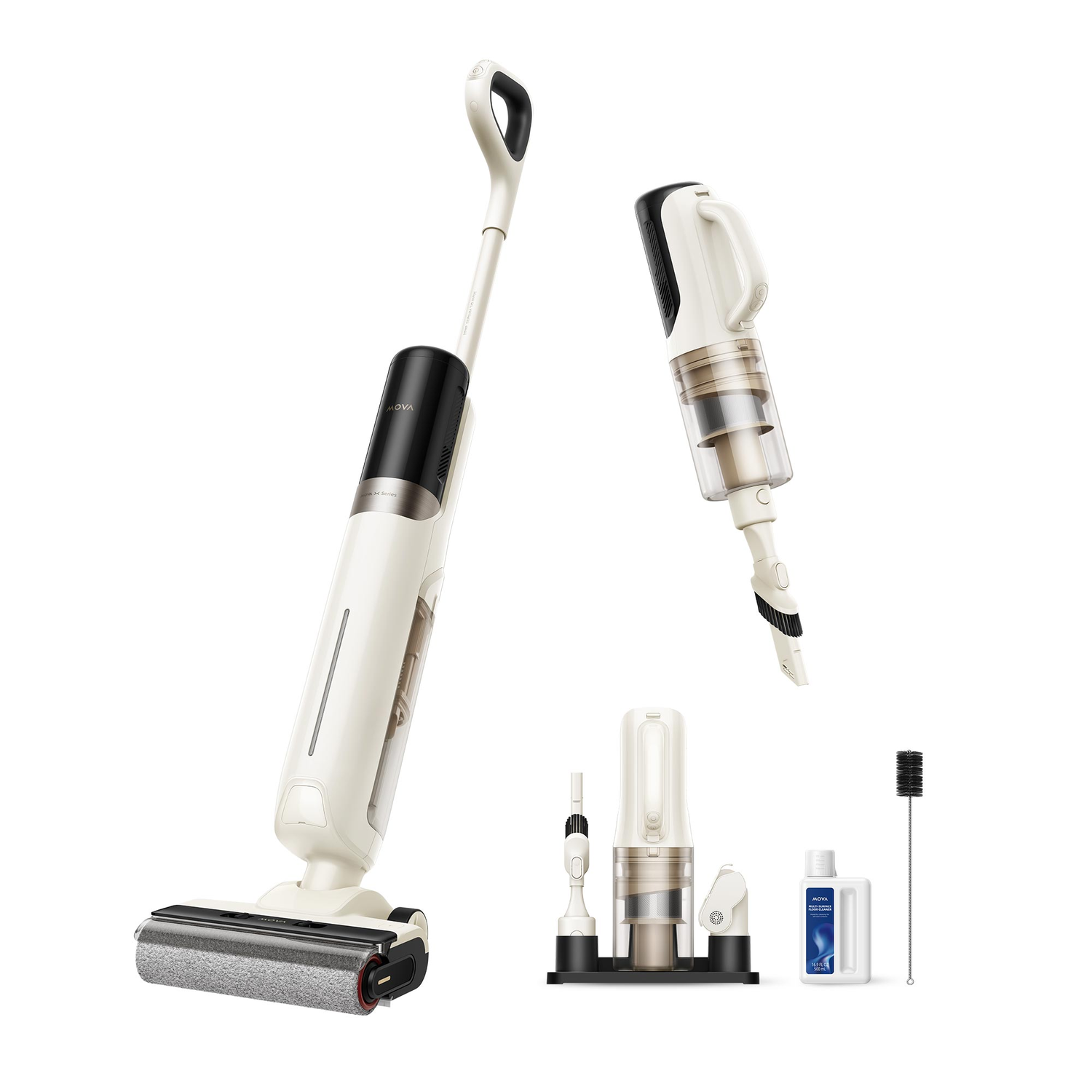 A cleaning device with its accessories, showing different configurations. Includes a base, attachments, and cleaning solution.