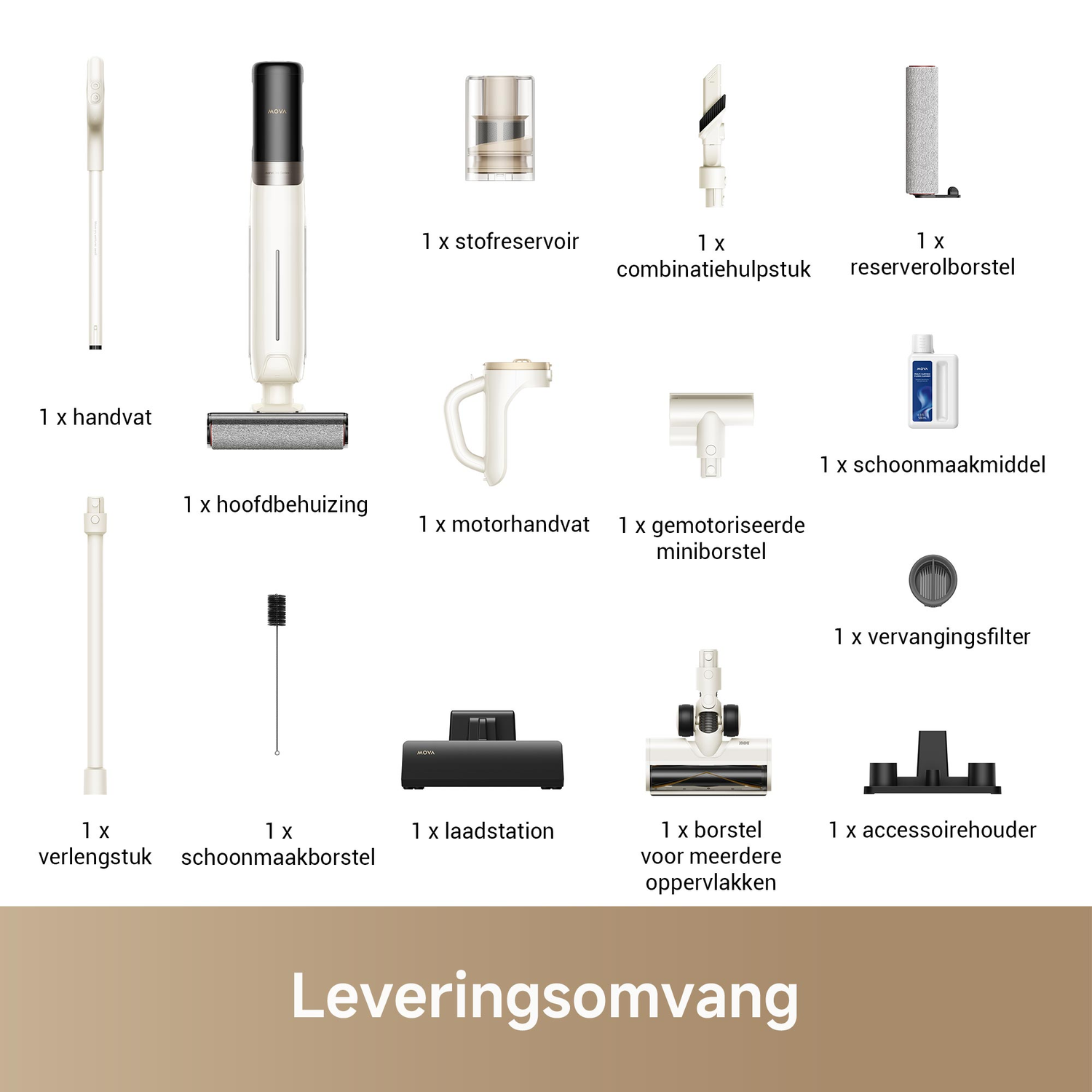 The cleaning device's various parts, including a handle, main housing, and other accessories, are displayed.