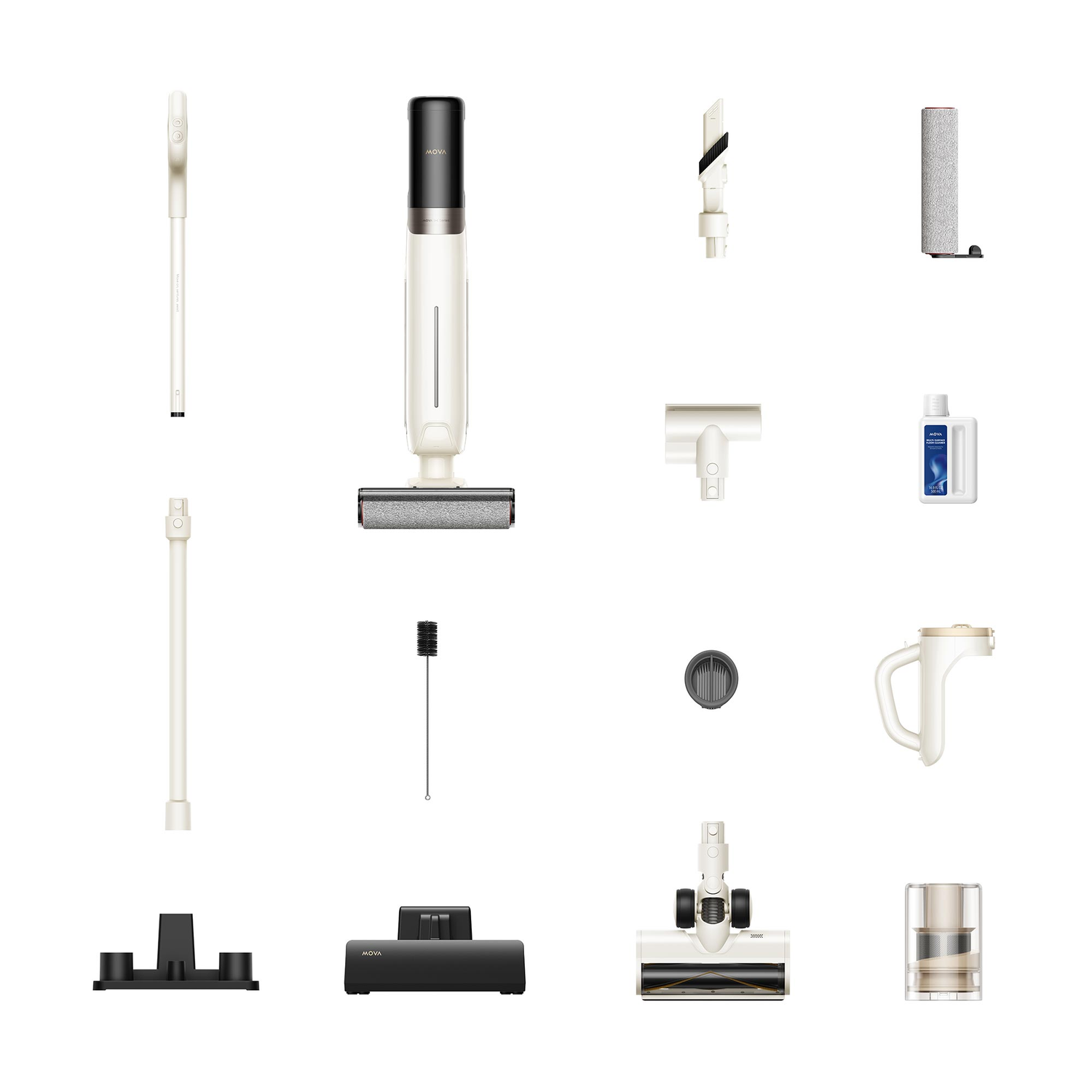 Various components of a cleaning device arranged against a white background. Many attachments are shown.
