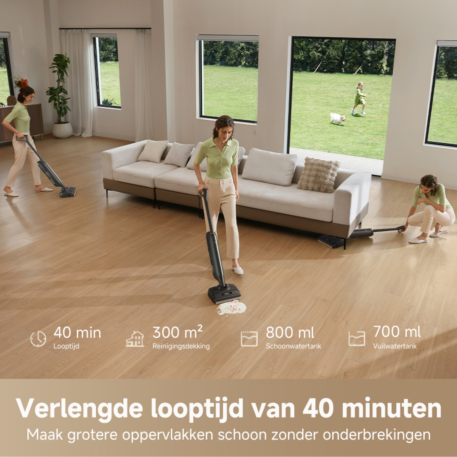 People vacuuming a room. There is a sofa, windows and a dog in the background.