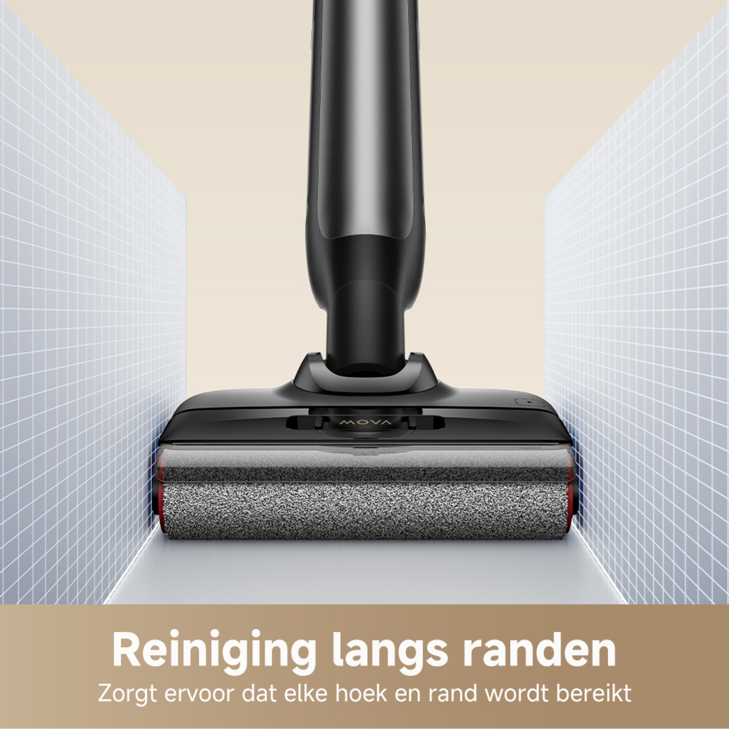 Close-up of a vacuum cleaner head cleaning a white surface.