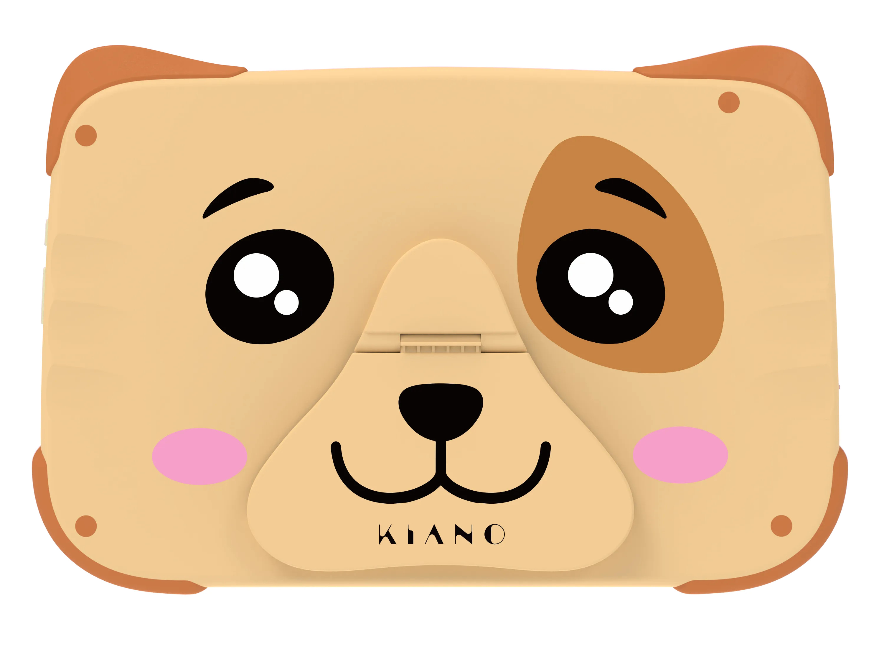 Beżowe etui na tablet z motywem psiej twarzy.