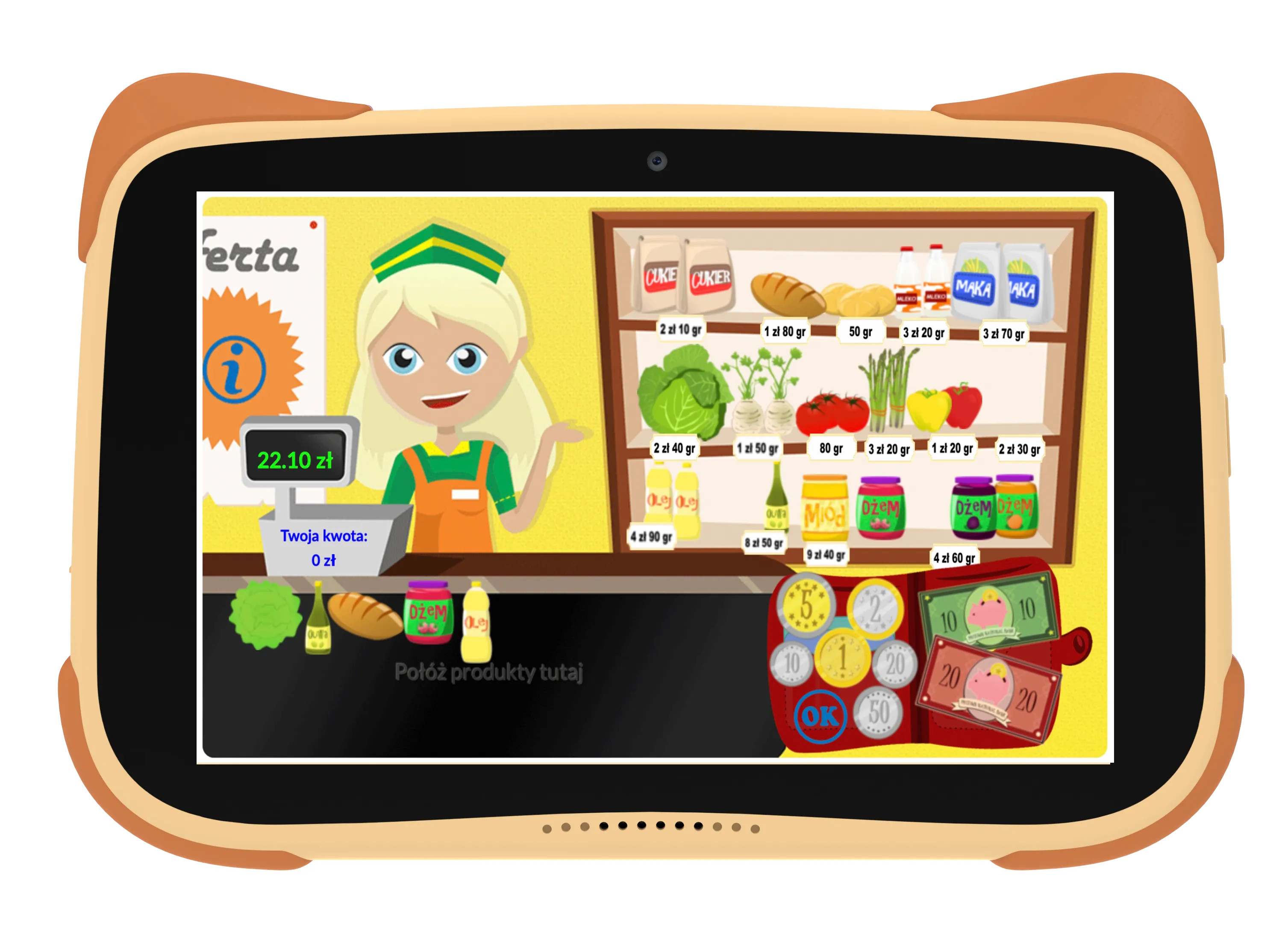 Tablet przedstawiający scenę ze sklepu. Kasjerka za ladą z produktami i portfelem z monetami.