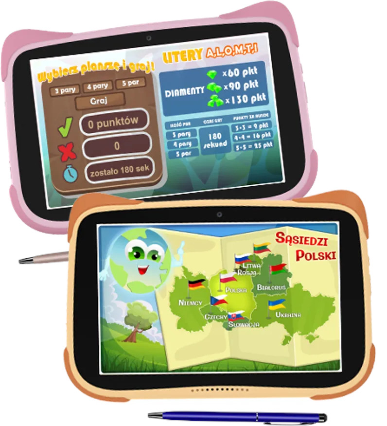 Dwa tablety, jeden z interfejsem gry, drugi z mapą pokazującą flagi różnych krajów.