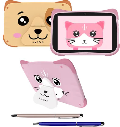 Trzy tablety i dwa rysiki. Dwa tablety mają motywy psiej i kociej twarzy, a trzeci ma kocią twarz.