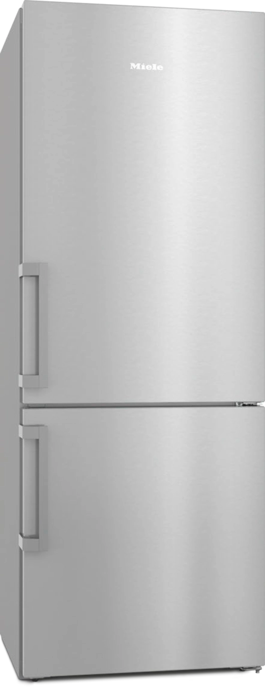Gümüş Miele buzdolabı. İki kapısı, dikey kolları ve üstte Miele logosu var. Arka plan sade.