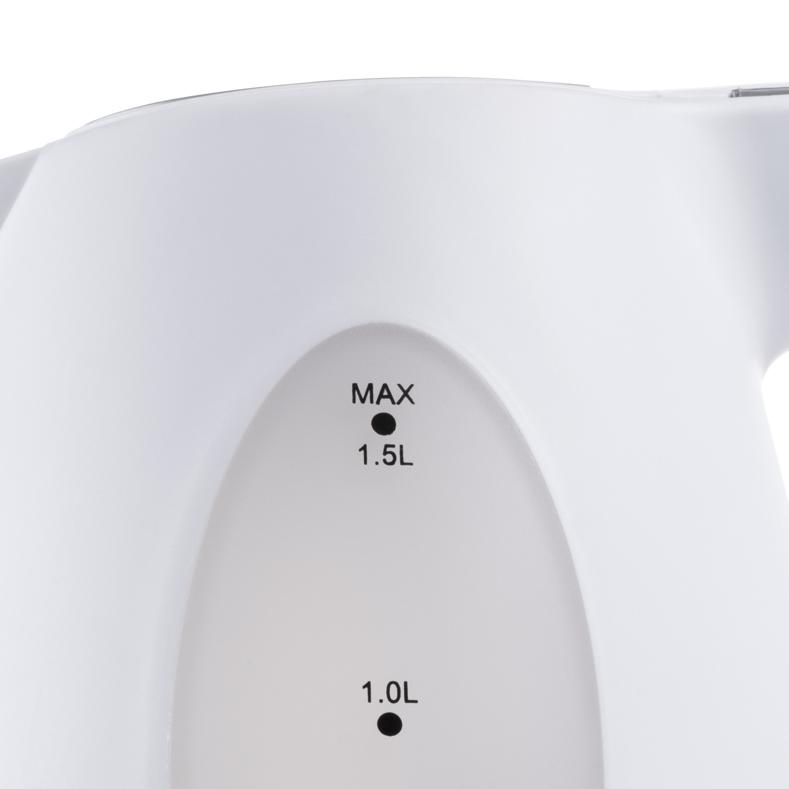 Un bollitore elettrico bianco con etichette MAX e 1,5L.