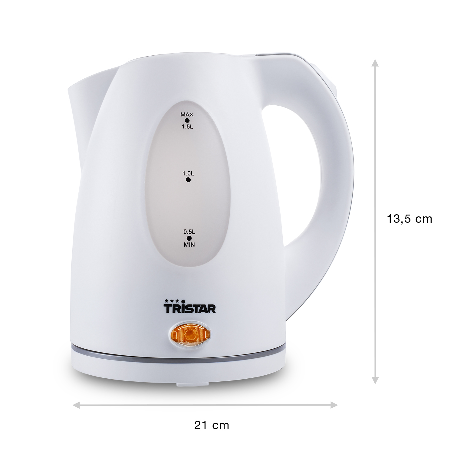 Un bollitore elettrico bianco con manico, largo 21 cm e alto 13,5 cm.