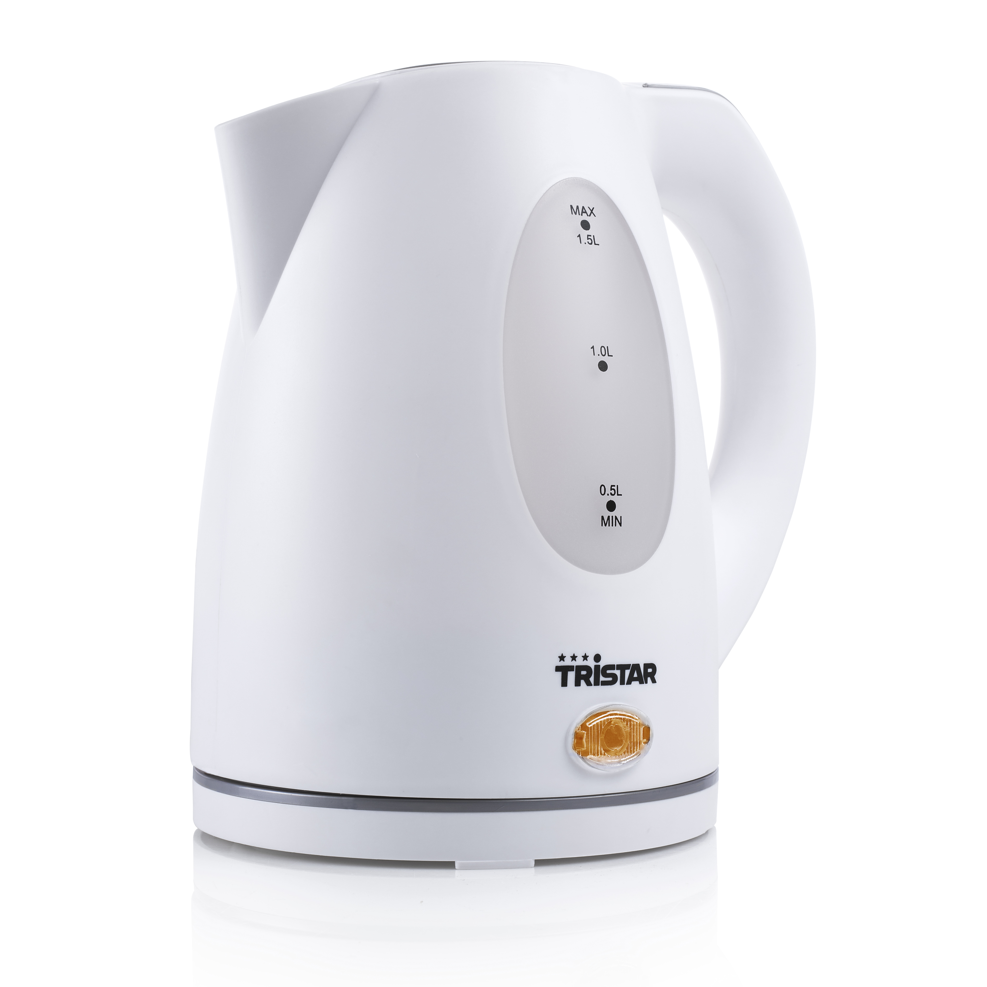 Un bollitore elettrico bianco con manico, il logo Tristar e indicatori del livello dell'acqua.
