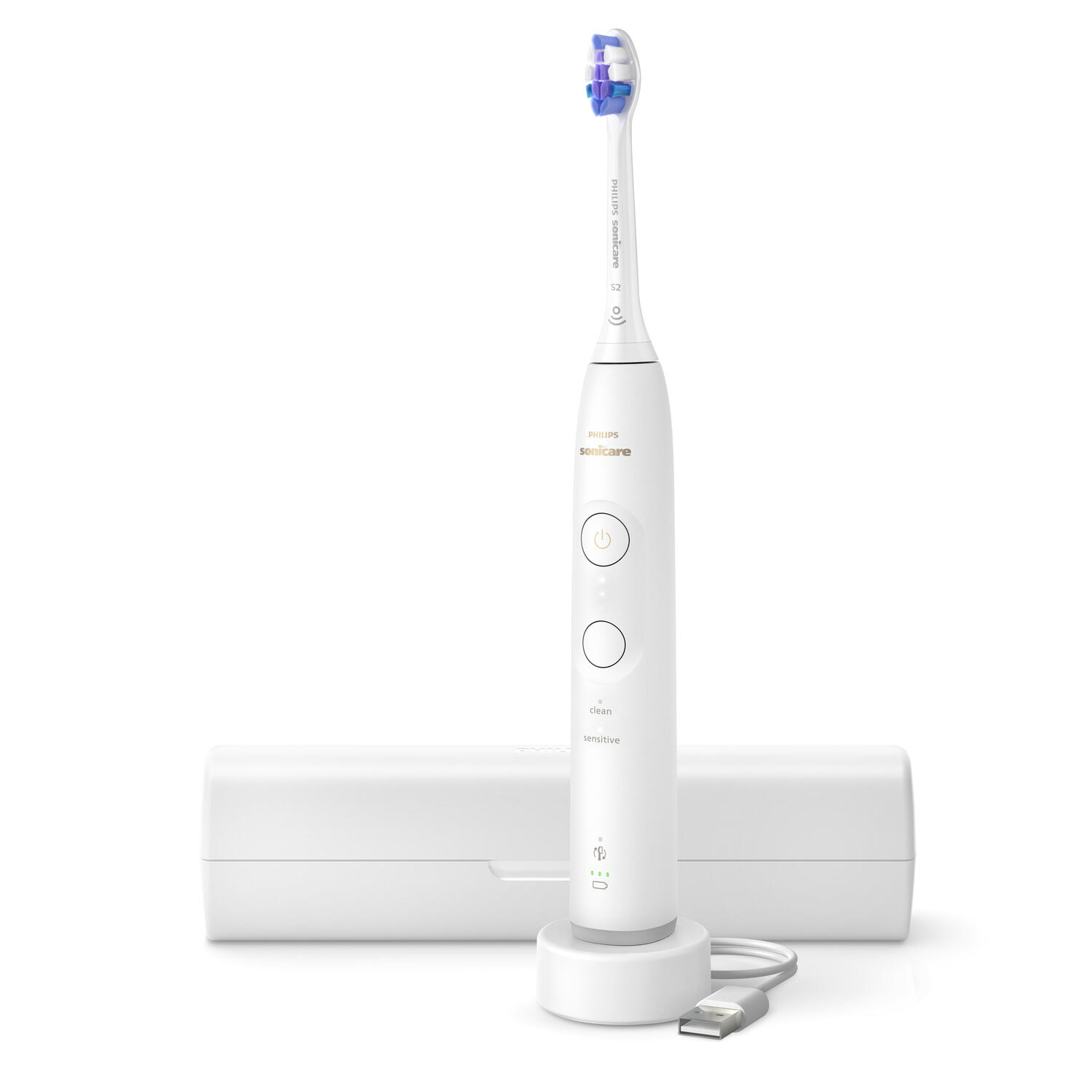 Brosse à dents Philips Sonicare blanche, chargeur et étui sur fond blanc. La brosse a des poils violets et bleus.