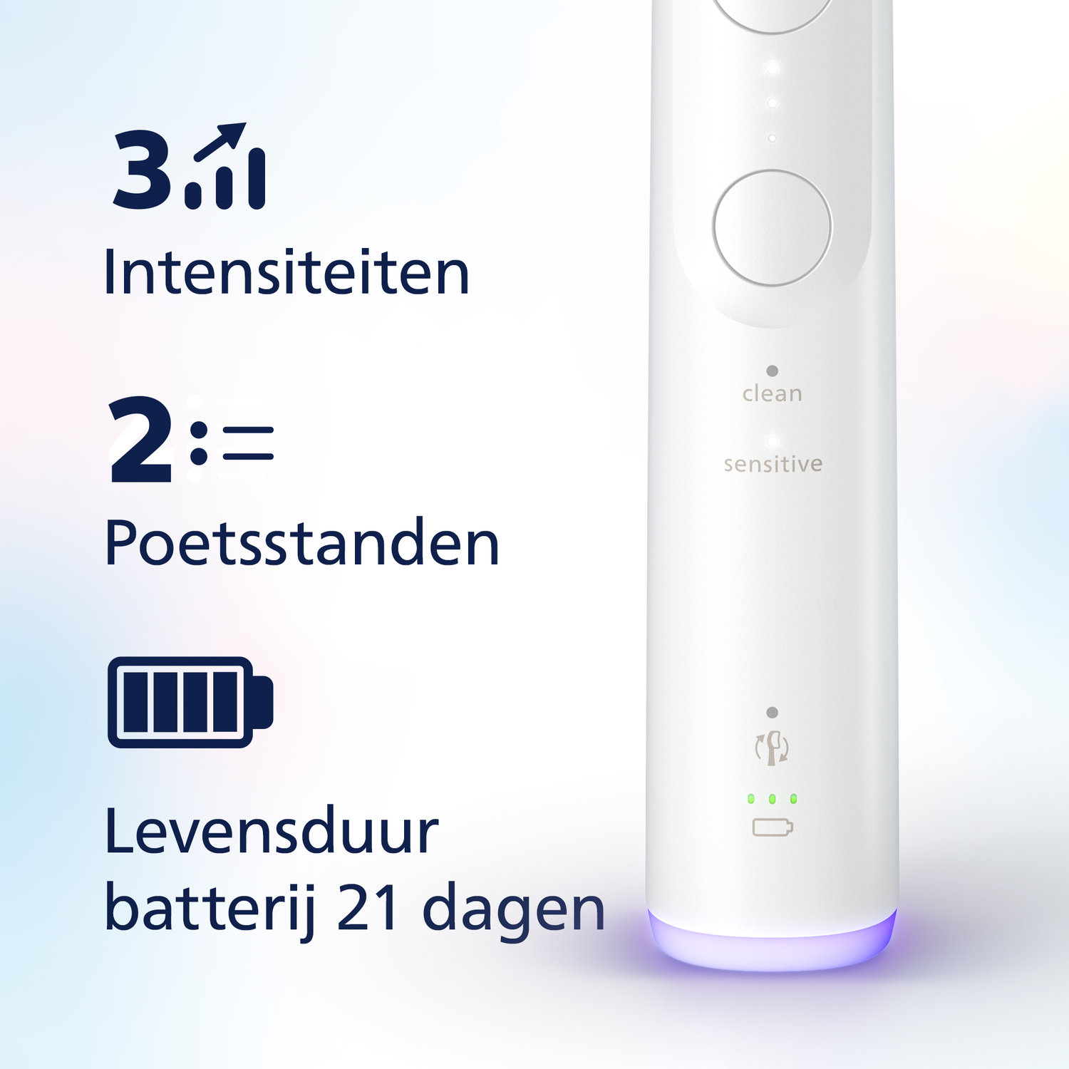 Close-up van tandenborstelhandvat, toont 3 intensiteiten, 2 standen en 21 dagen batterijduur.