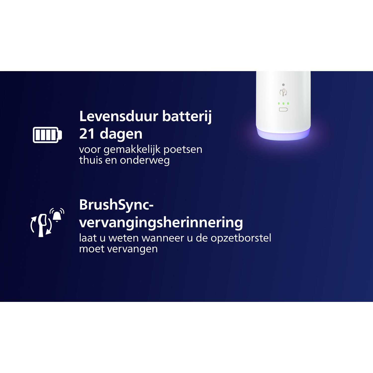 Tandenborstelhandvat, tekst: 21 dagen batterijduur. Tekst: BrushSync vervangingsherinnering.