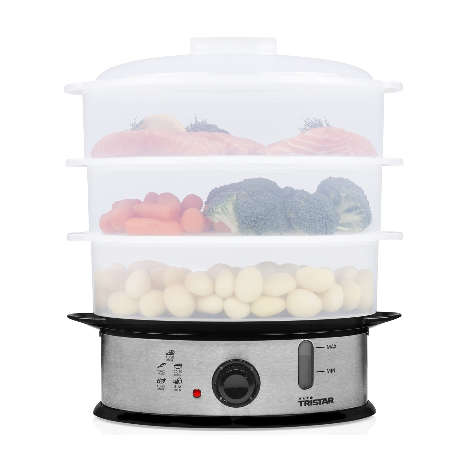 Vaporiera con cibo: salmone, carote, broccoli, patate.