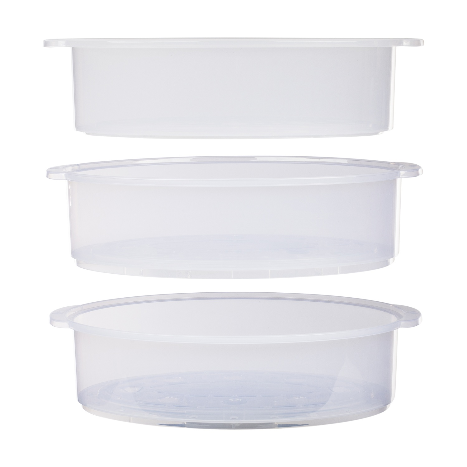 Tre contenitori di plastica trasparente di diverse dimensioni impilati, vista laterale.