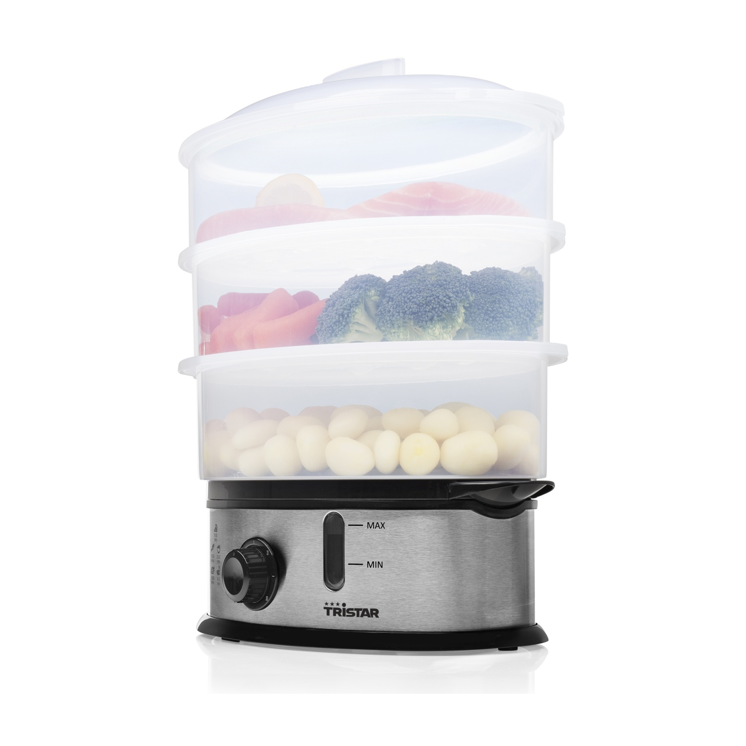 Vaporiera con cibo: salmone, carote, broccoli, patate.