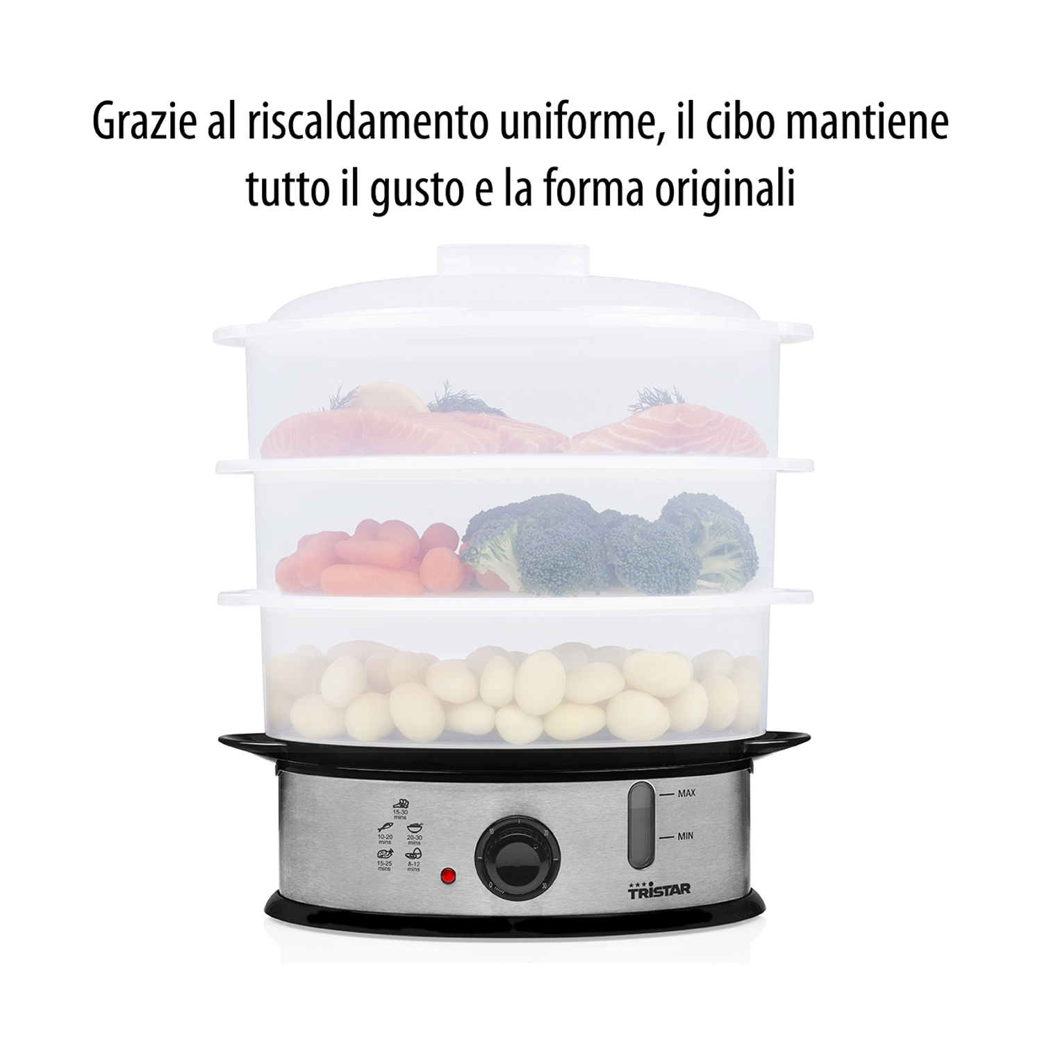 Vaporiera con tre contenitori trasparenti pieni di cibo.