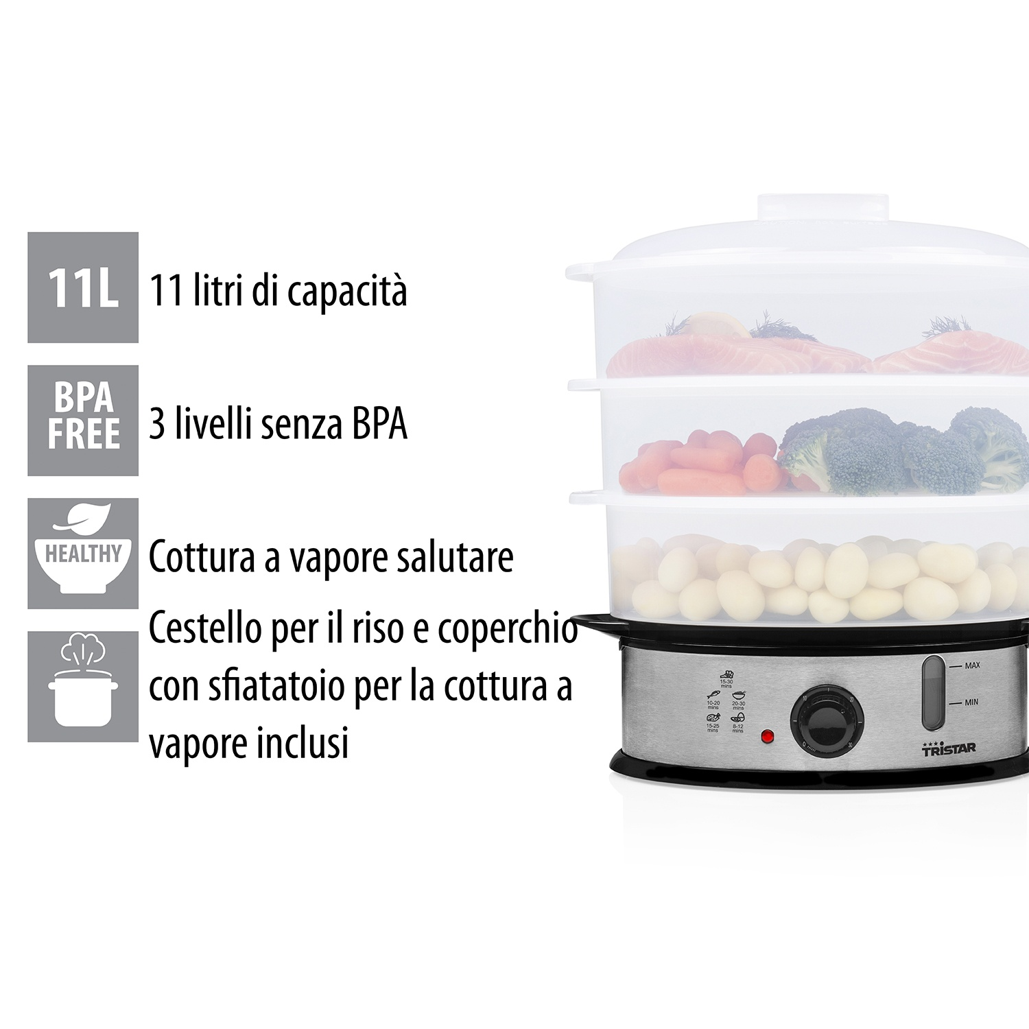 Una vaporiera bianca e argentata con tre contenitori trasparenti con cibo all'interno e testo sulle sue caratteristiche.