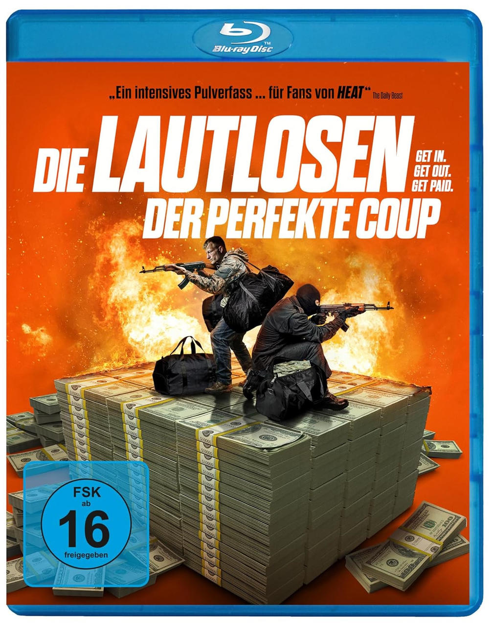 Blu-ray-Cover. Männer mit Waffen stehen auf Geldbündeln, Explosionen im Hintergrund.