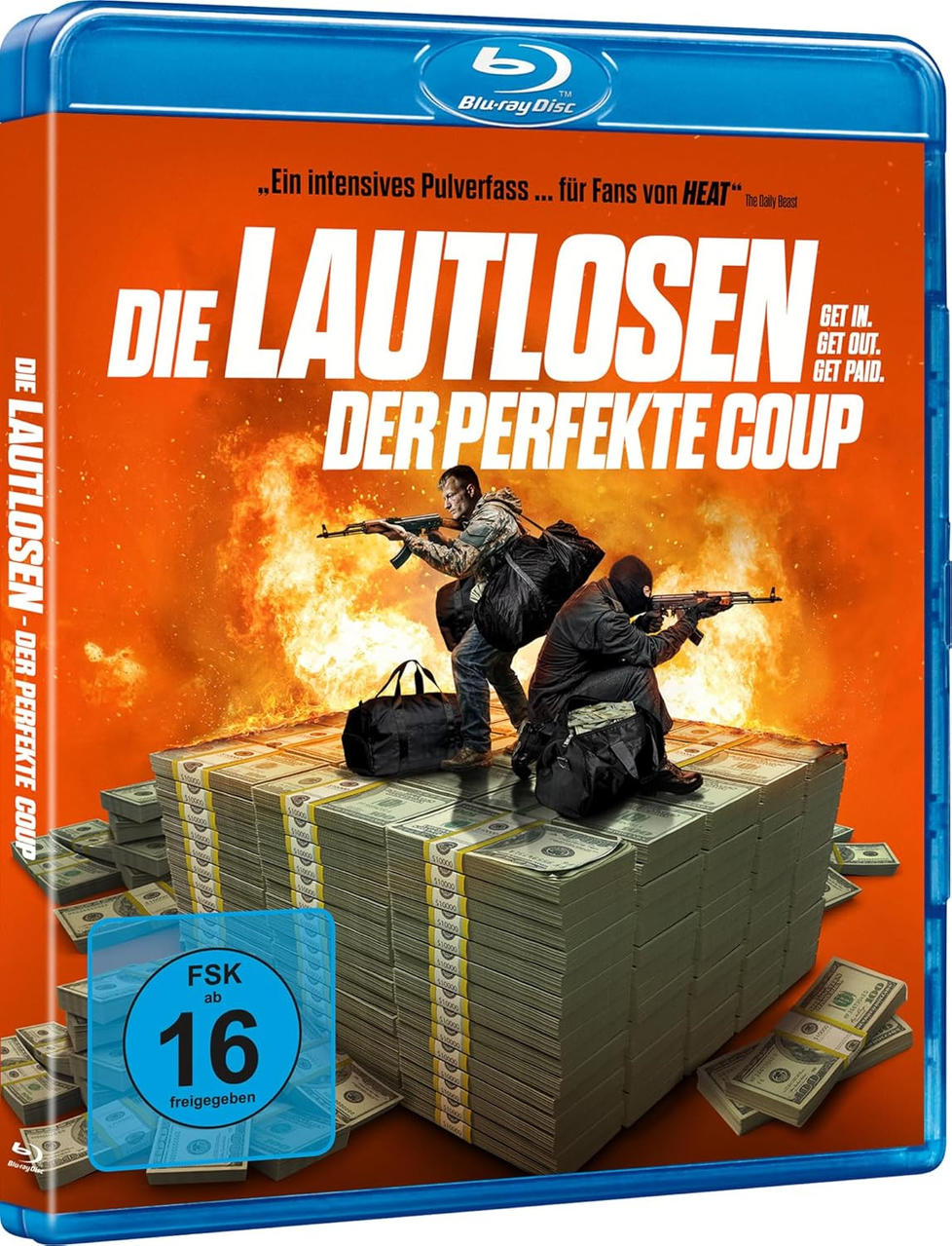 Blu-ray-Cover. Männer mit Waffen stehen auf Geldbündeln, Explosionen im Hintergrund.