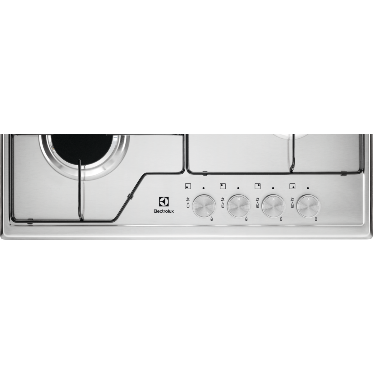 Düğmeler ve brülörler bulunan paslanmaz çelik bir Electrolux ocak üstünün yakın çekimi.