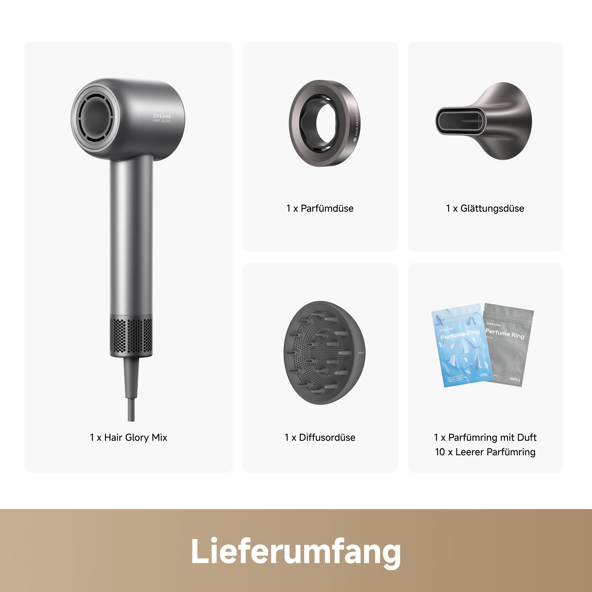 Haartrockner-Komponenten mit Diffusor-, Styling- und Duftaufsätzen.
