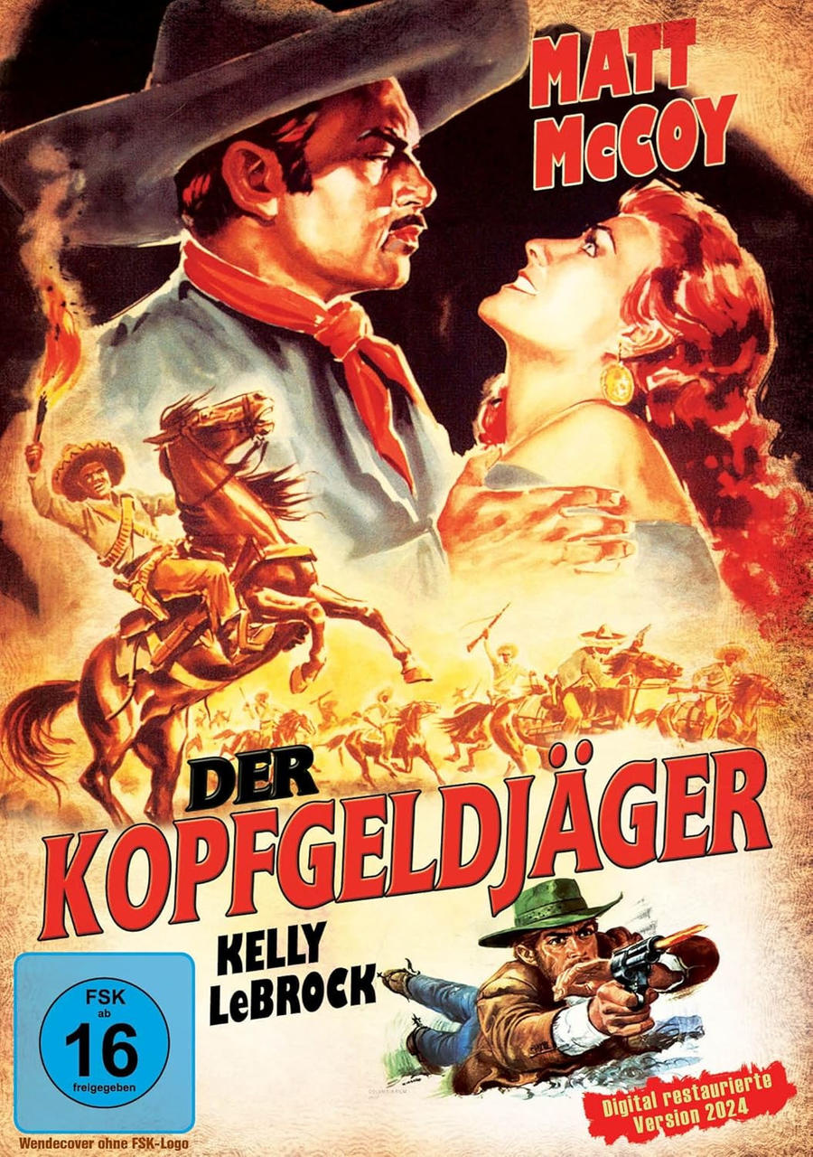 Filmposter für 'Der Kopfgeläjäger'. Zeigt einen Cowboy mit einer Waffe und eine Frau, die nach oben schaut.