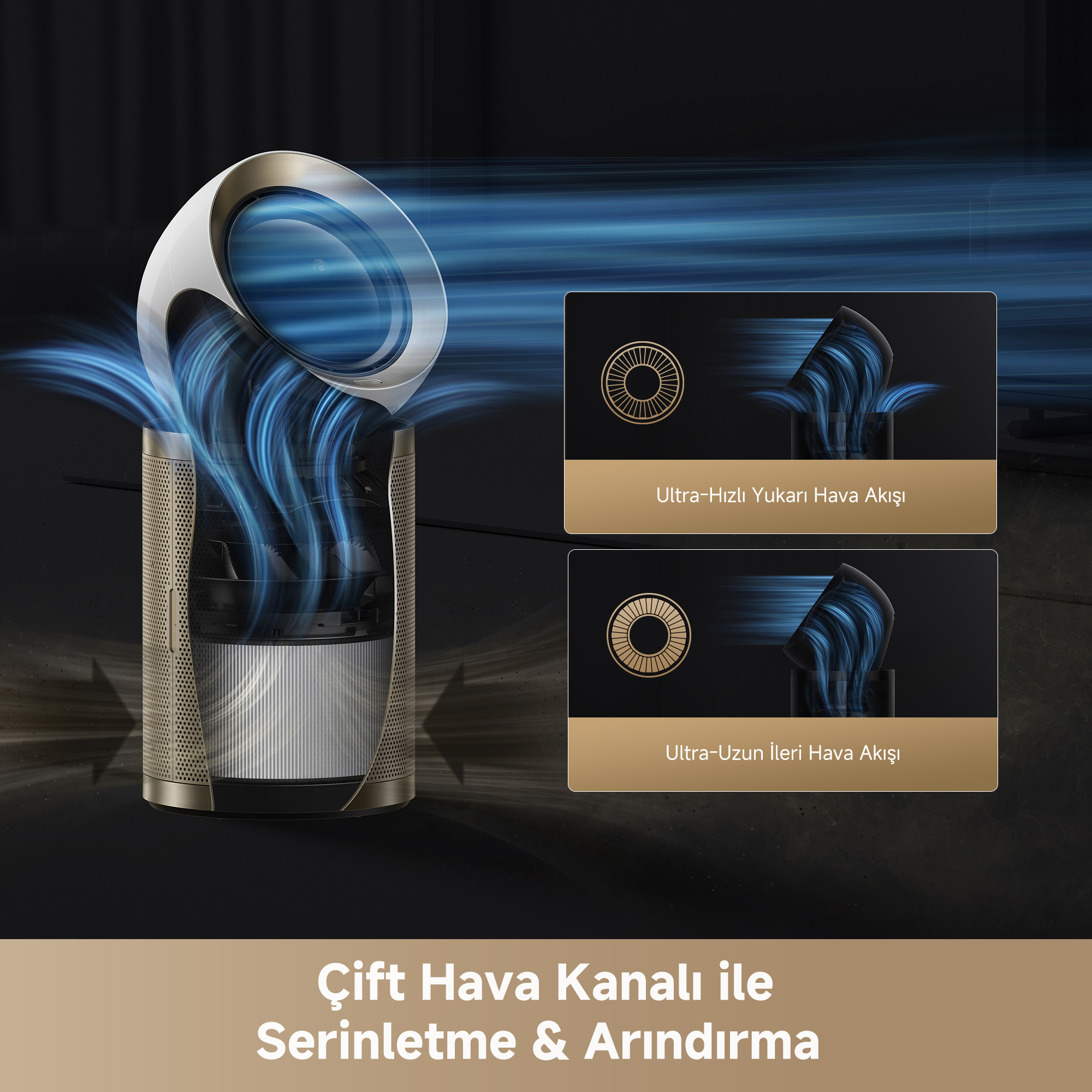 Bir ürün, hava akışı şemaları ve Türkçe metin gösteriyor. Hava akışı seçeneklerini açıklıyor.