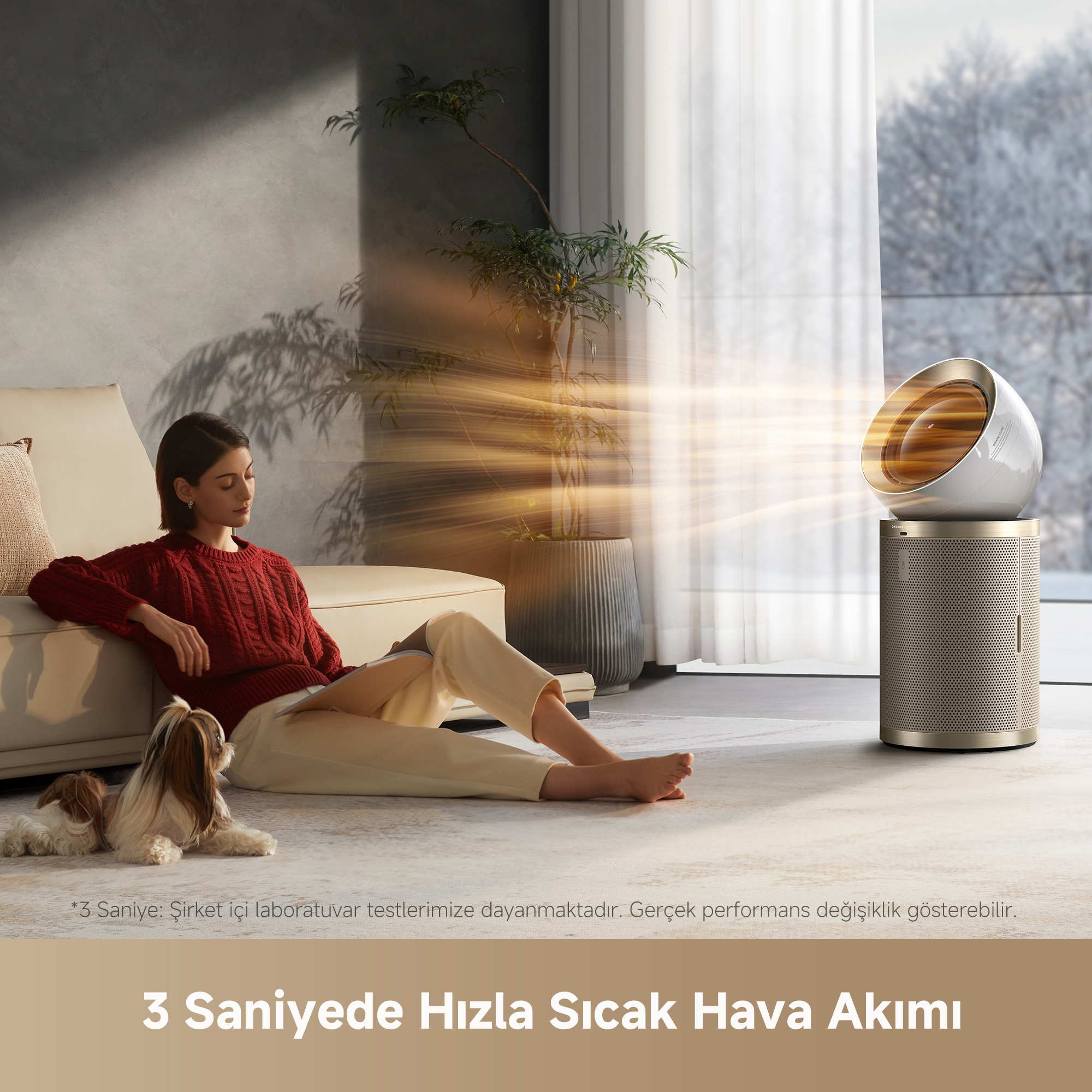 Bir kadın, bir köpek ile halıda otururken, bir hava temizleyici hava yayıyor.