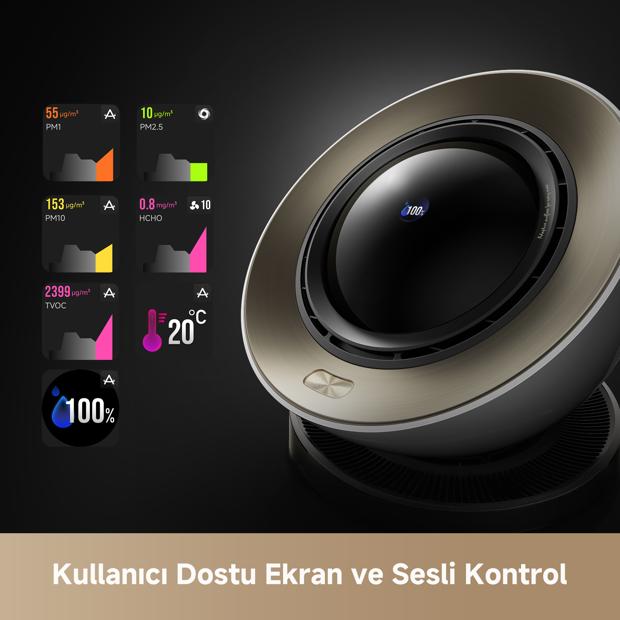 Kullanımı kolay bir ekrana sahip bir hava temizleyici, hava kalitesi ölçümlerini ve kontrolü gösteriyor.
