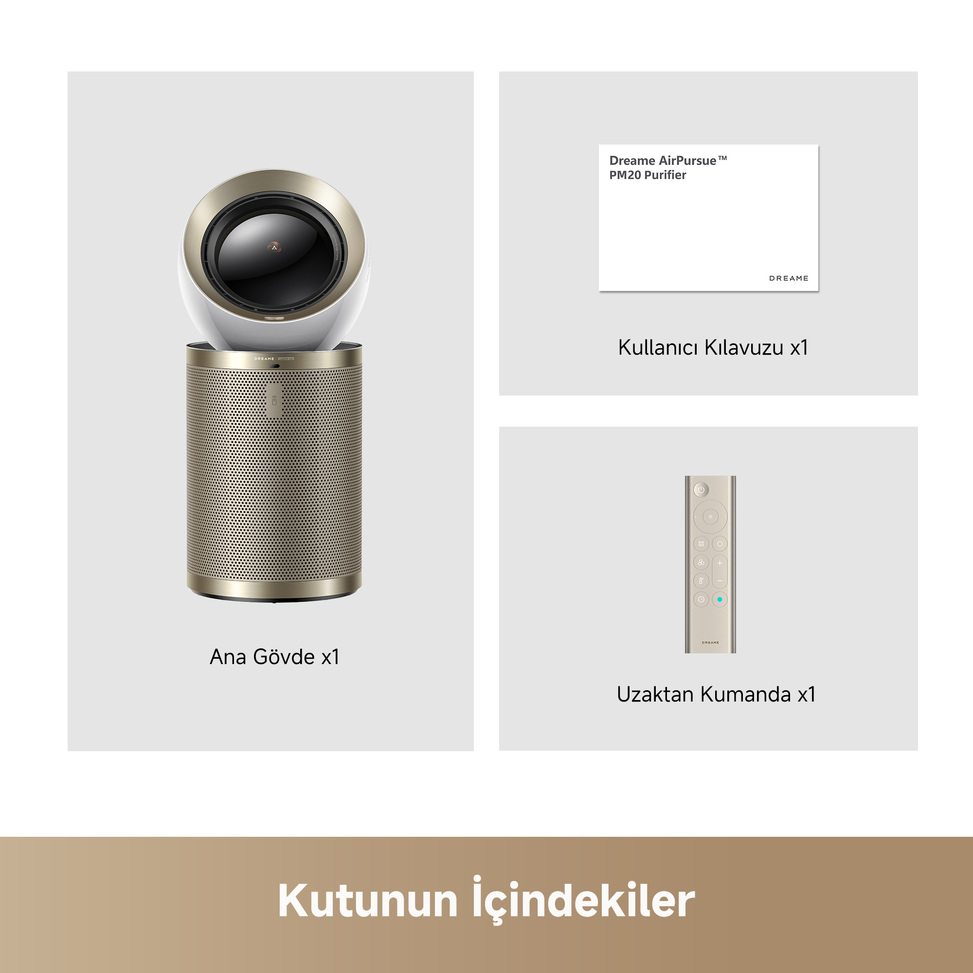 Bir paket, hava temizleyiciyi, bir kullanım kılavuzunu ve bir uzaktan kumandayı gösteriyor.